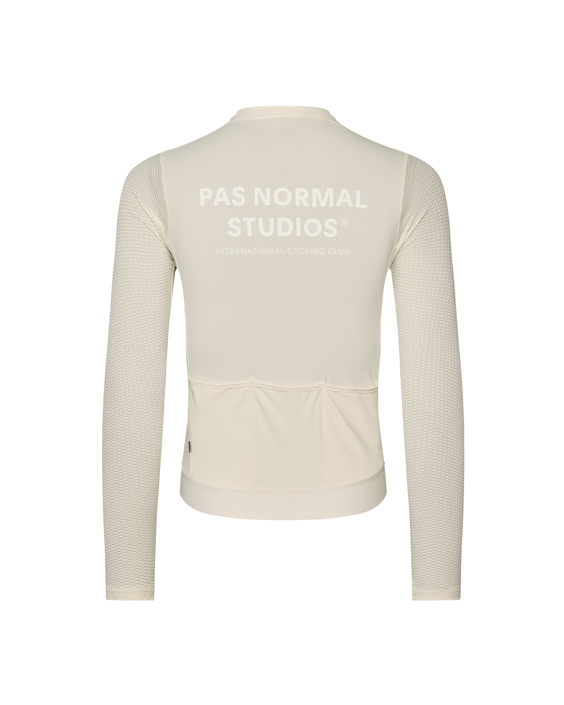 Off White Essential Light long sleeve cycling jersey, rear view with textured sleeves and back pockets
