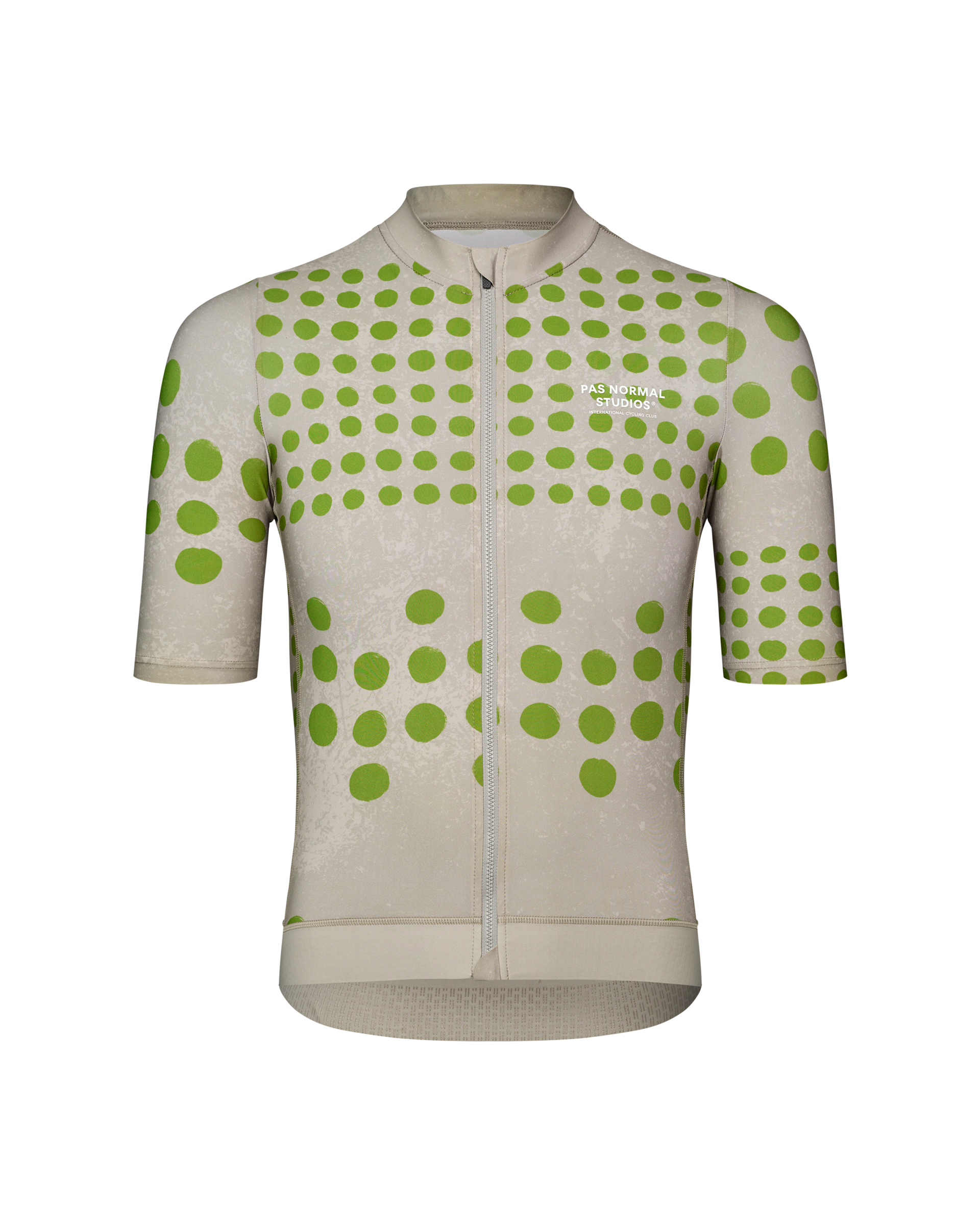 Bone Essential cycling jersey, front view with green polka dot pattern