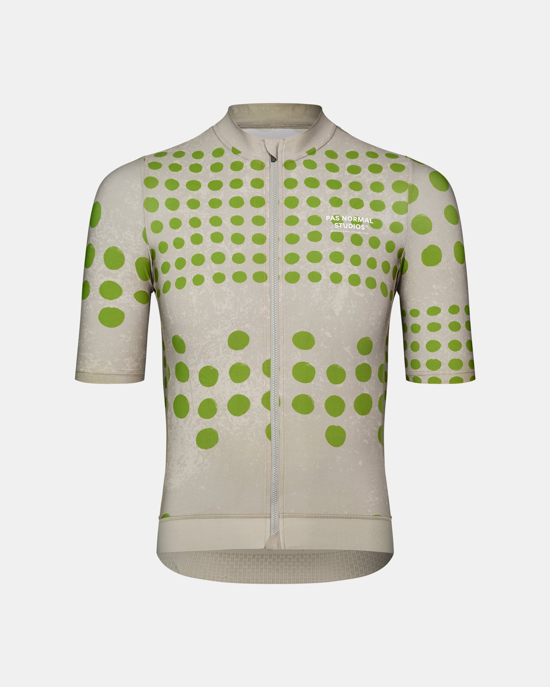 Bone Essential cycling jersey, front view with green polka dot pattern