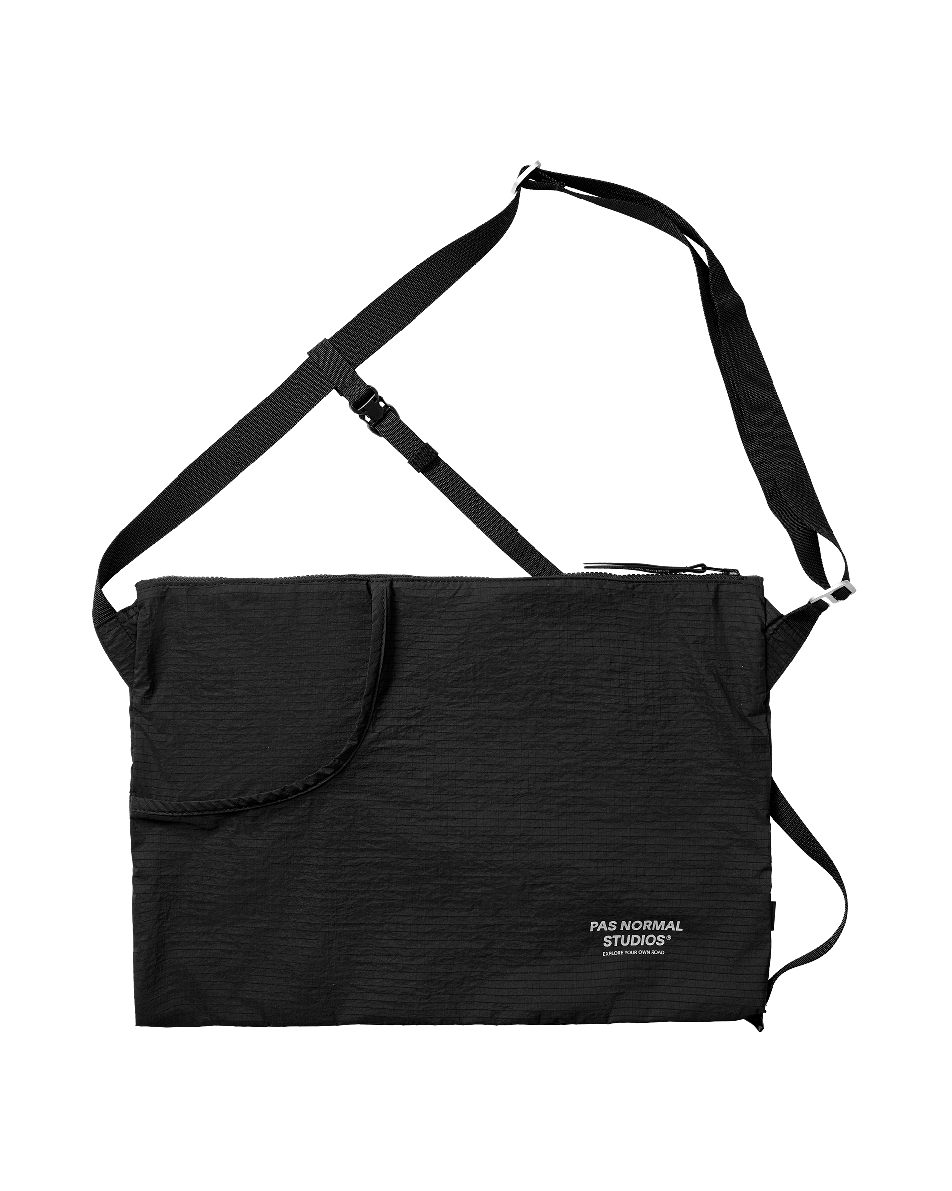 Black Off-Race Tech Musette 2.0 shoulder bag, front flat lay with adjustable strap and front zip pocket