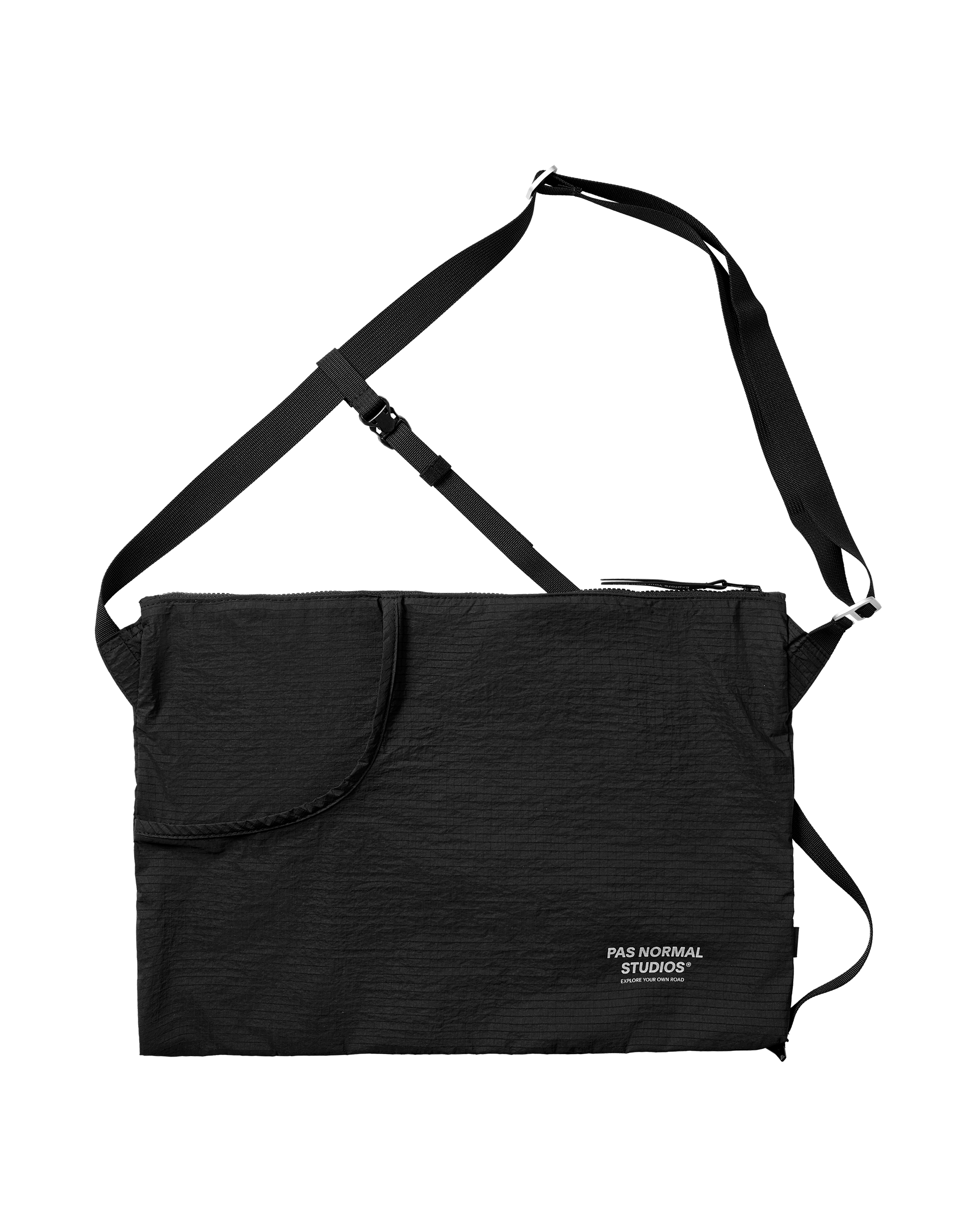 Black Off-Race Tech Musette 2.0 shoulder bag, front flat lay with adjustable strap and front zip pocket