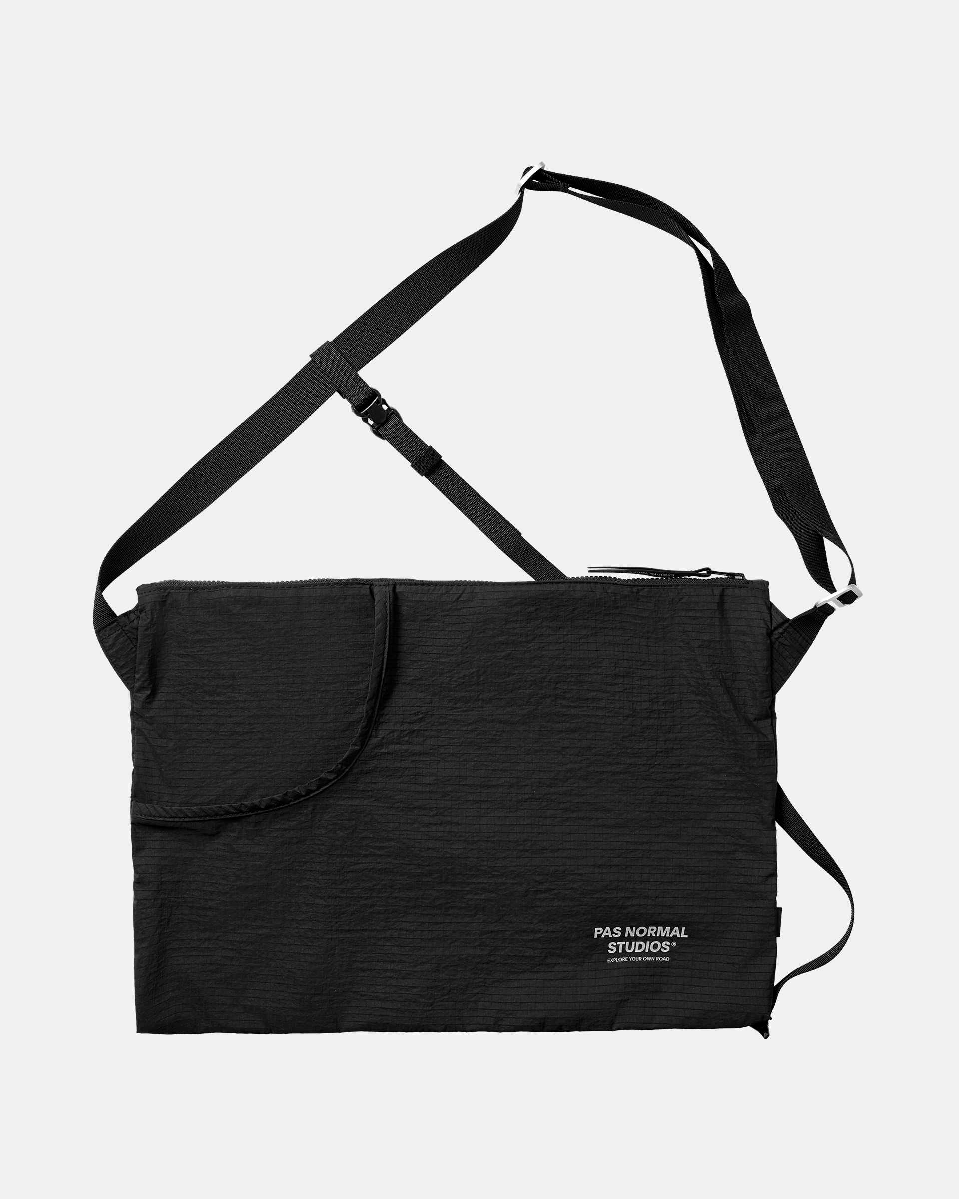 Black Off-Race Tech Musette 2.0 shoulder bag, front flat lay with adjustable strap and front zip pocket