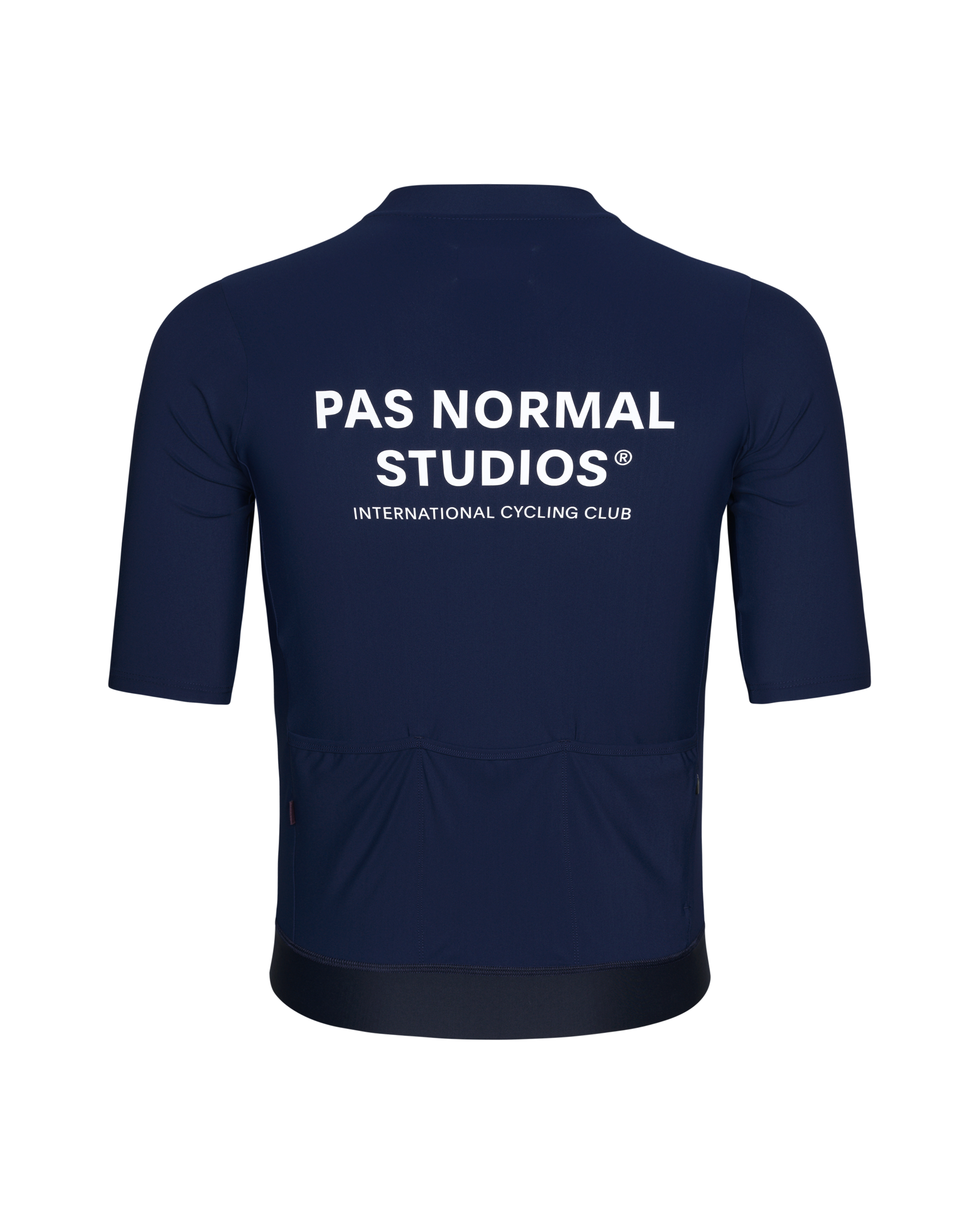 Navy Essential cycling jersey, rear view with white brand logo