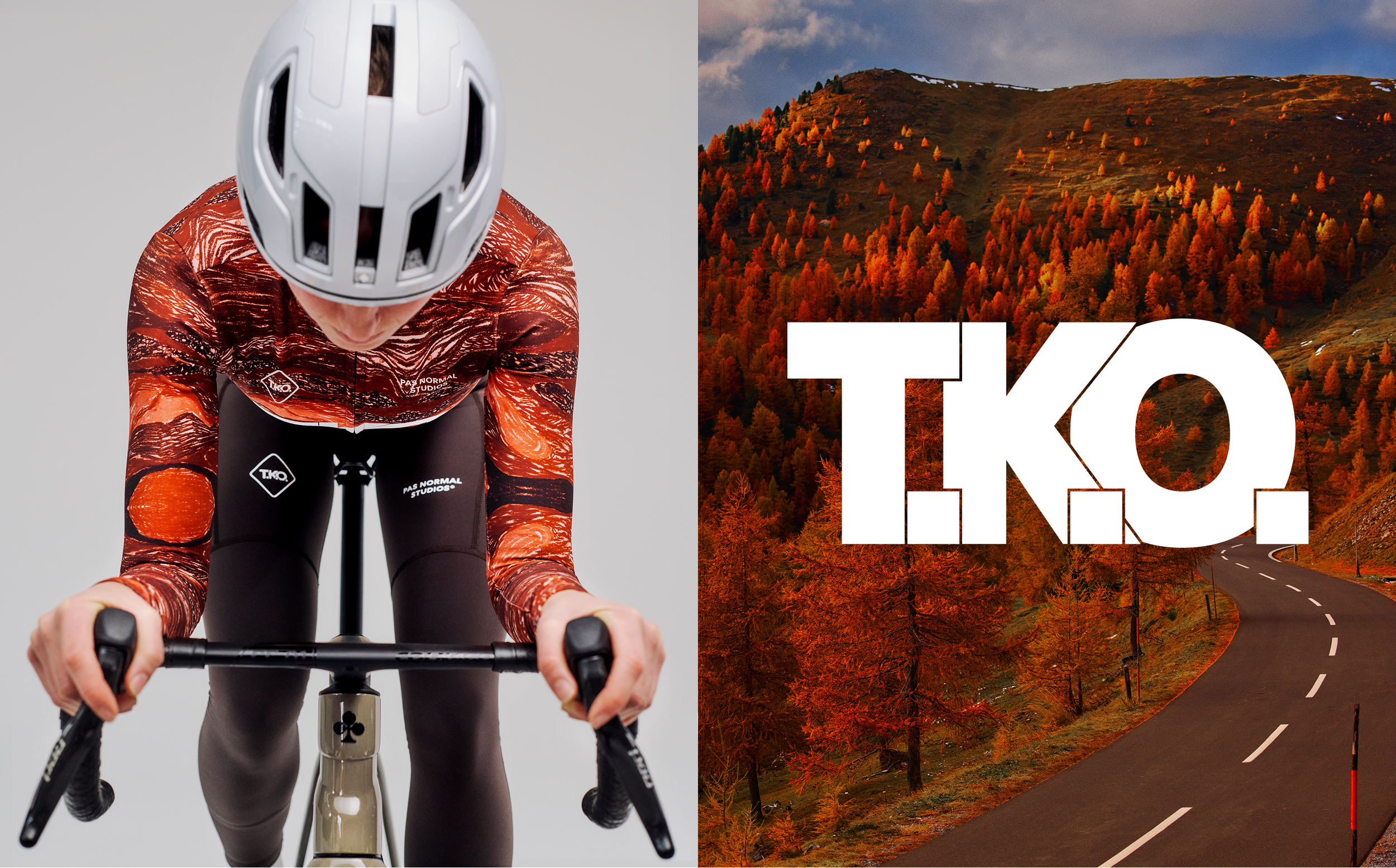 Model wearing red and orange patterned aero skinsuit with white helmet in time trial position