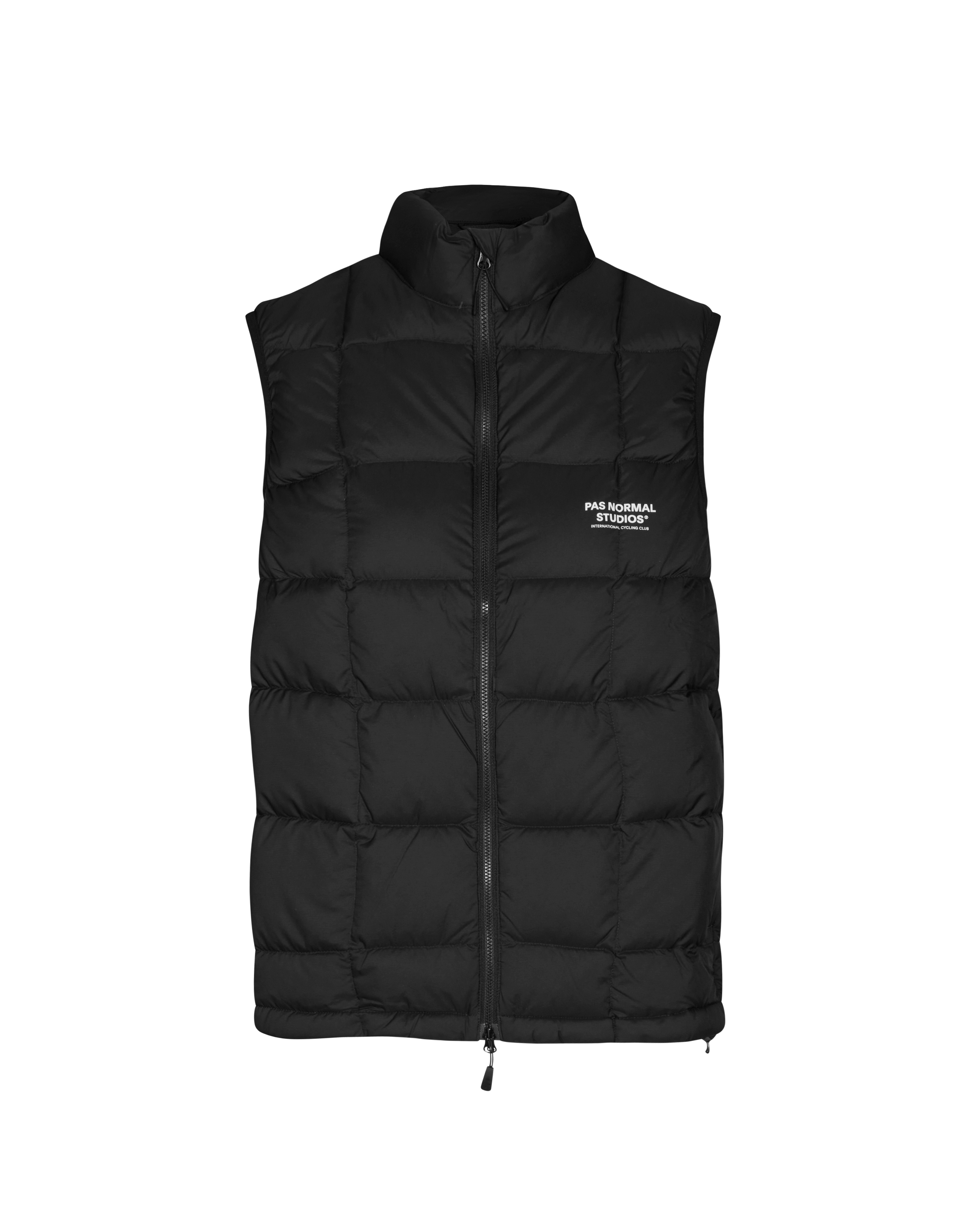 Black Off-Race Down Vest, front flat lay with full zip and chest logo print