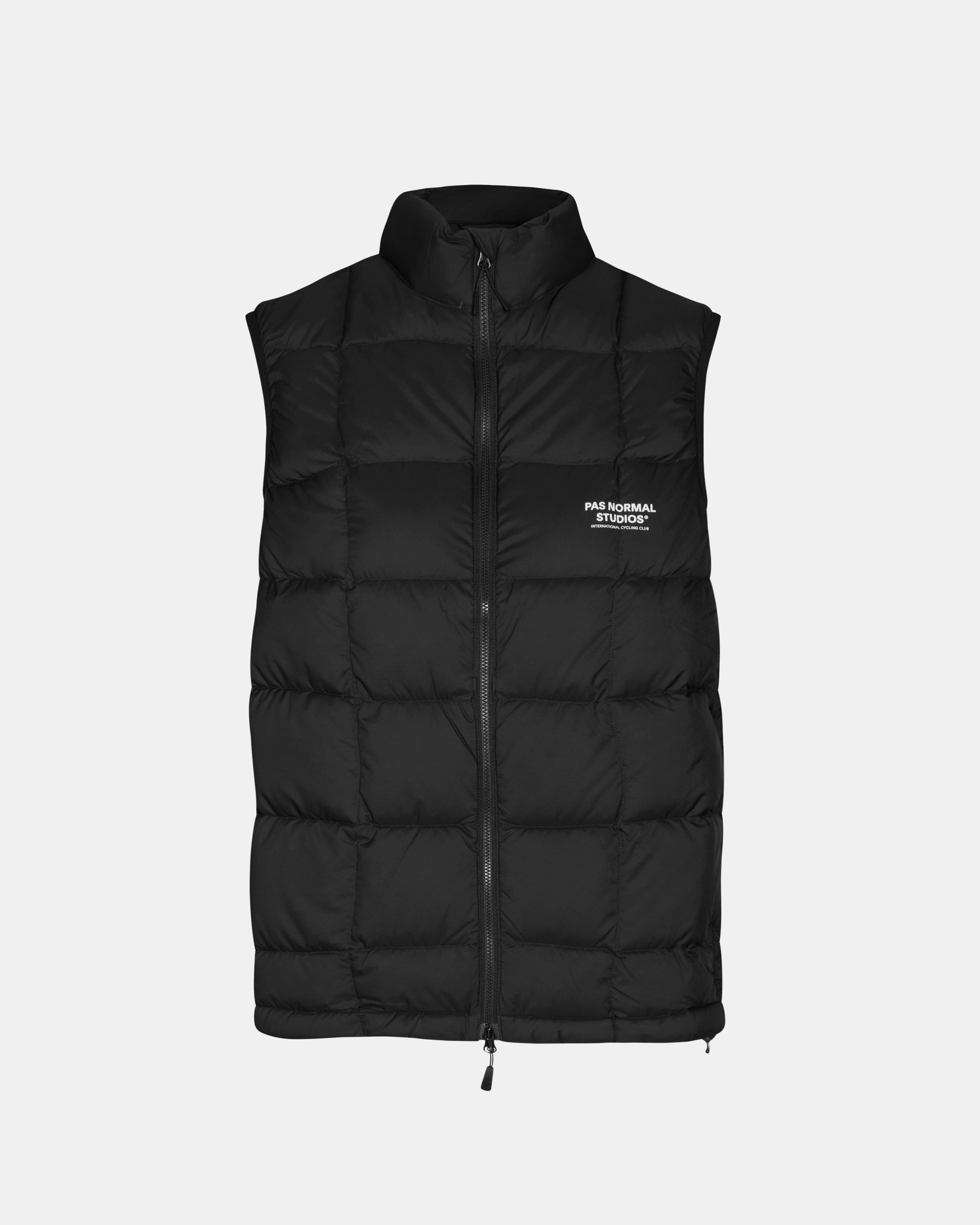 Black Off-Race Down Vest, front flat lay with full zip and chest logo print