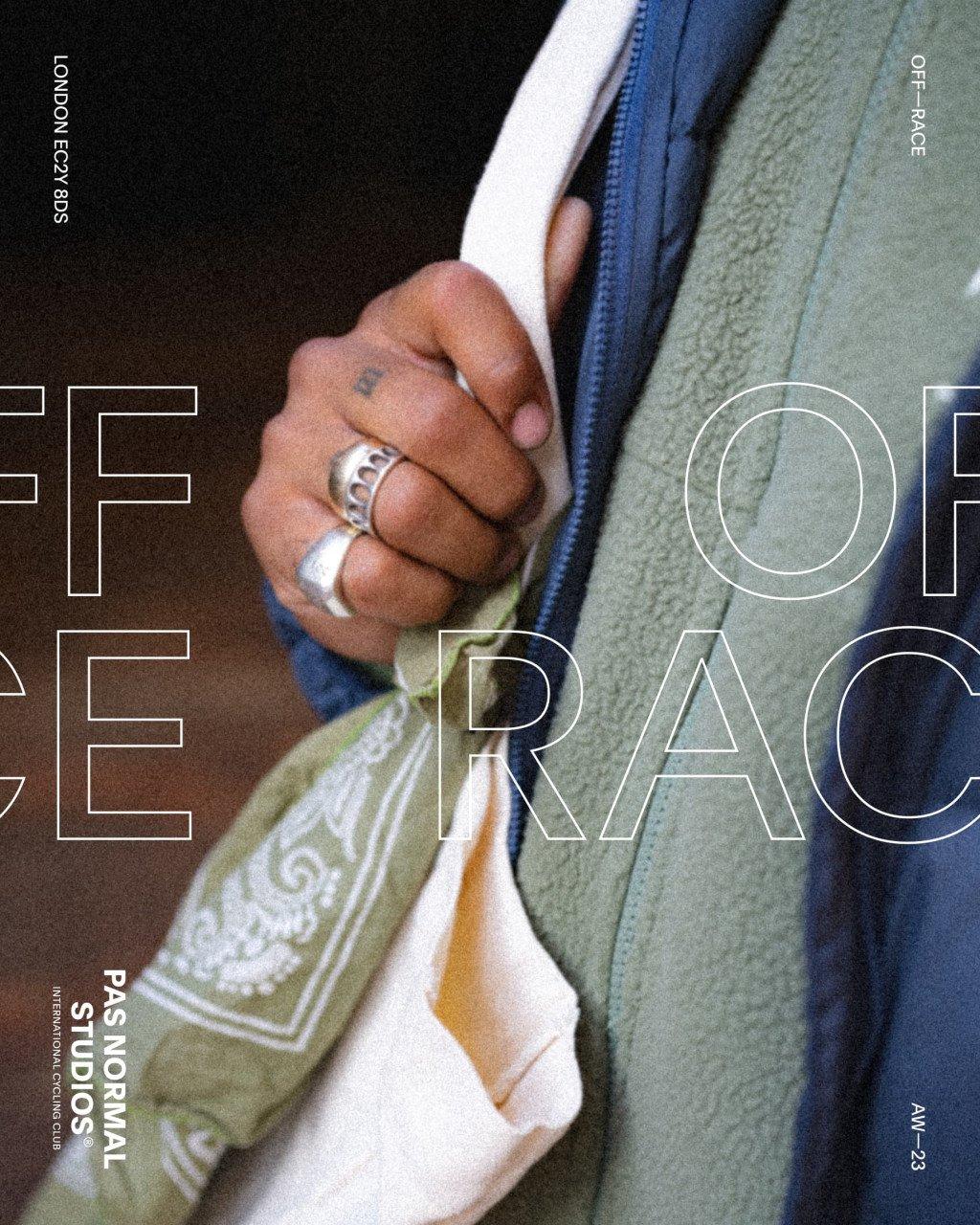 Model wearing Off-Race collection pieces in green and blue, close-up of hands with rings holding layered garments