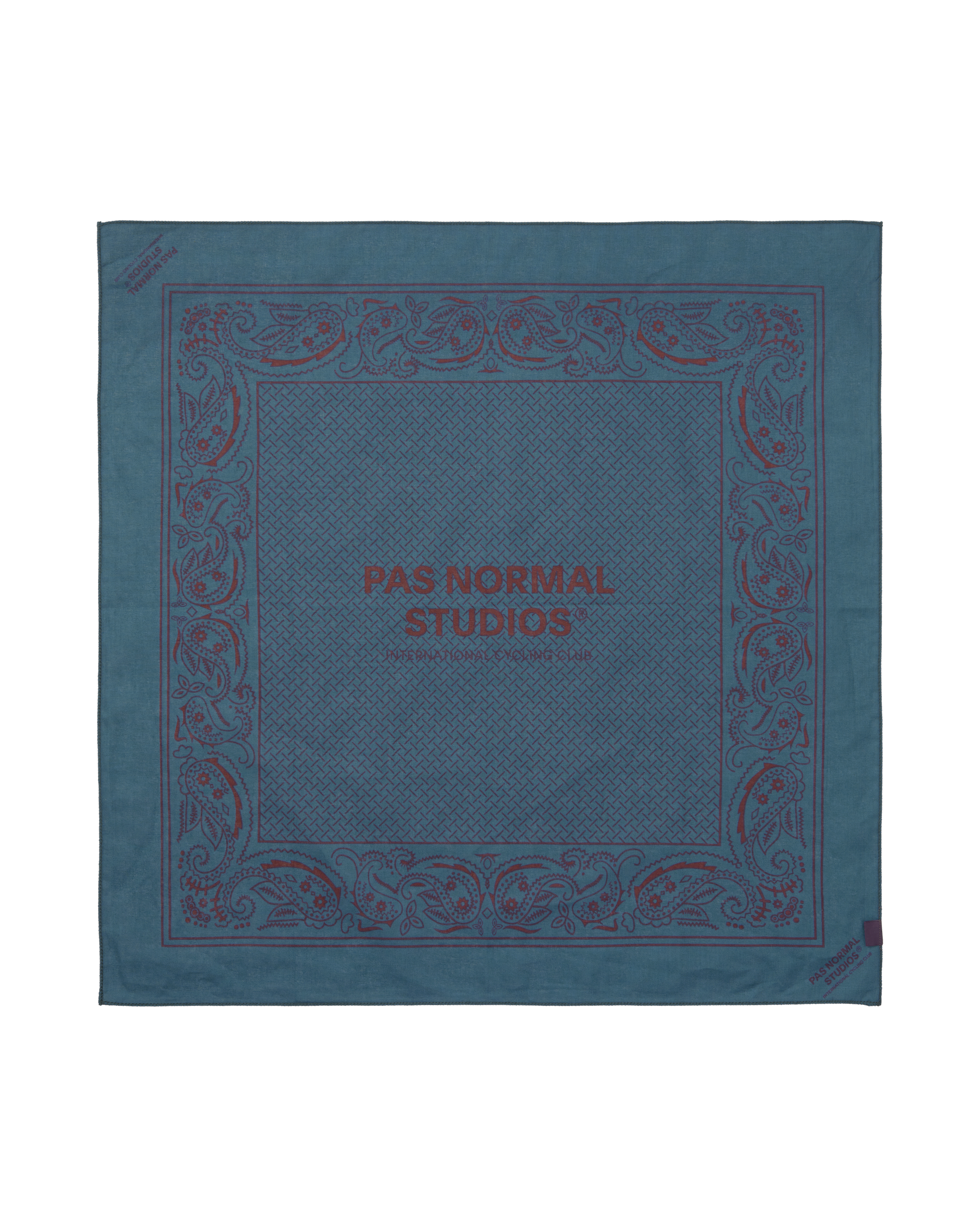 Blue Off-Race bandana, flat lay with paisley border print