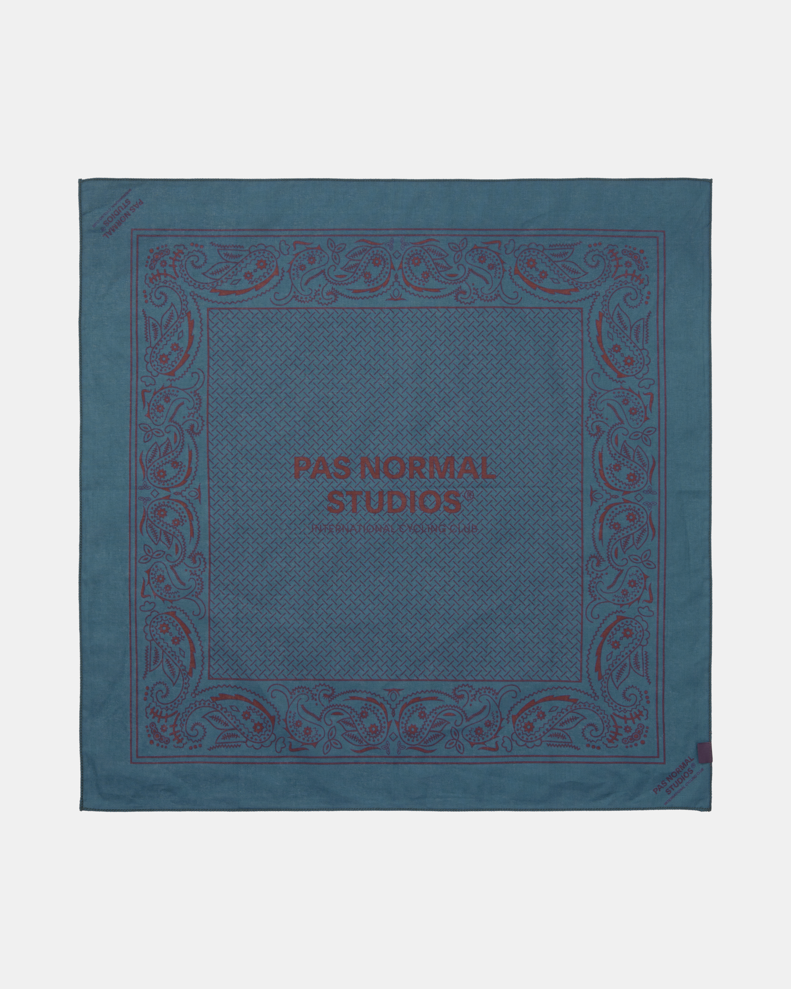 Blue Off-Race bandana, flat lay with paisley border print