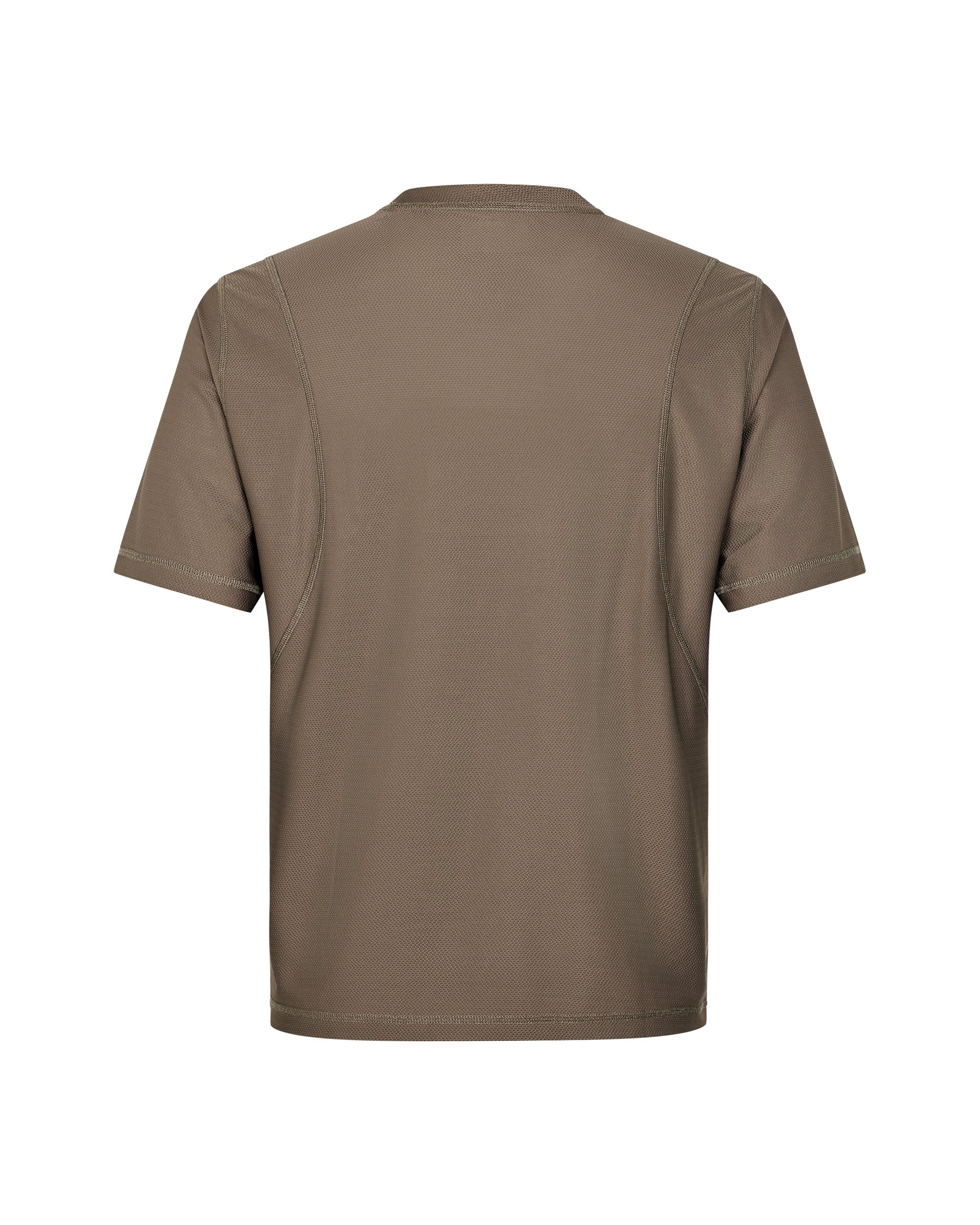 Stone Brown Balance T-shirt, rear flat lay with contrast topstitching and panel seams