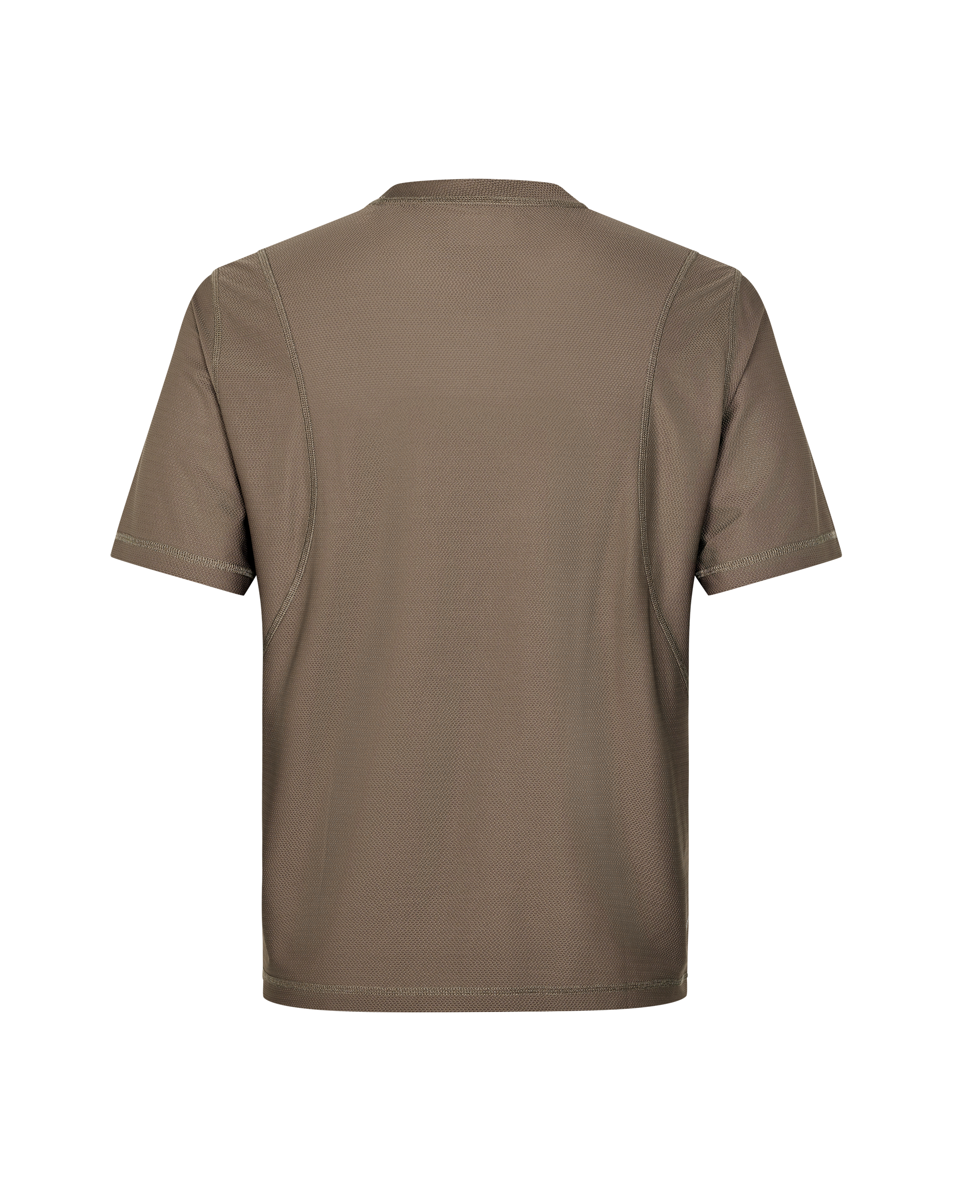 Stone Brown Balance T-shirt, rear flat lay with contrast topstitching and panel seams
