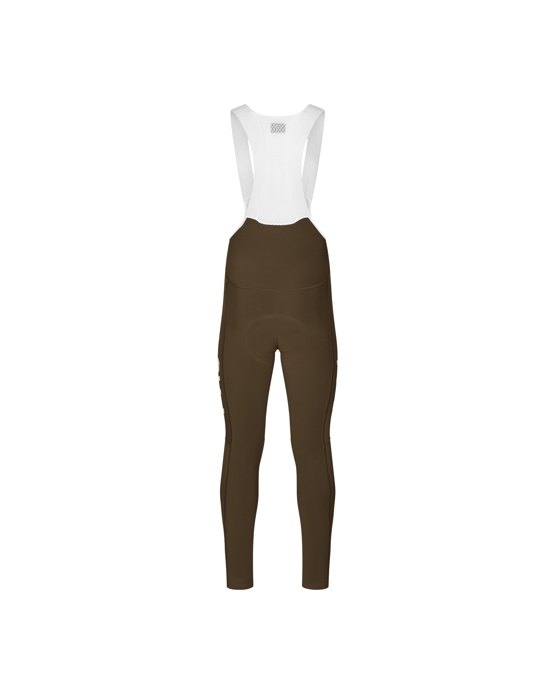 Dark Earth brown PAS Mechanism Thermal cycling long bibs, rear flat lay with white mesh bib straps