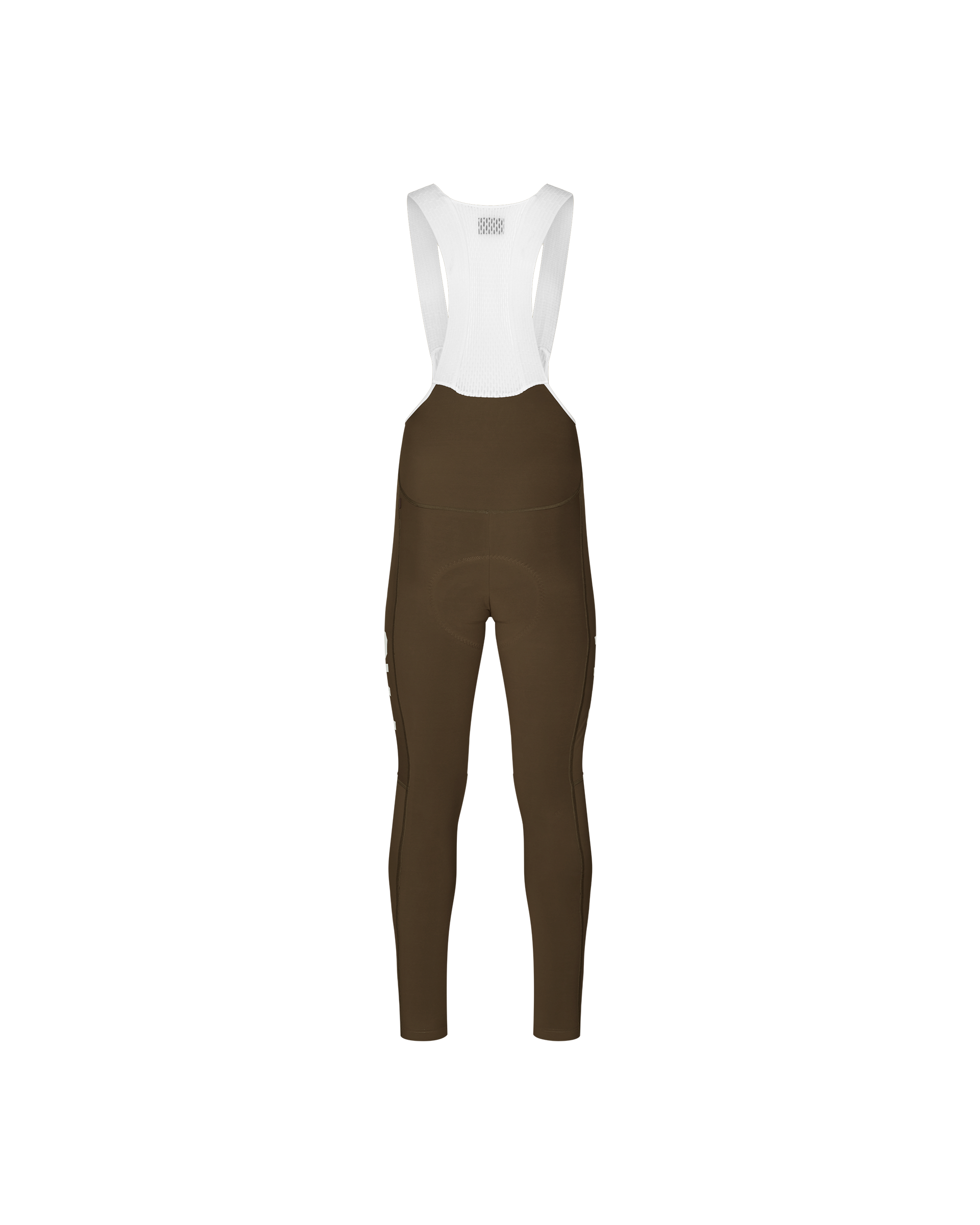 Dark Earth brown PAS Mechanism Thermal cycling long bibs, rear flat lay with white mesh bib straps