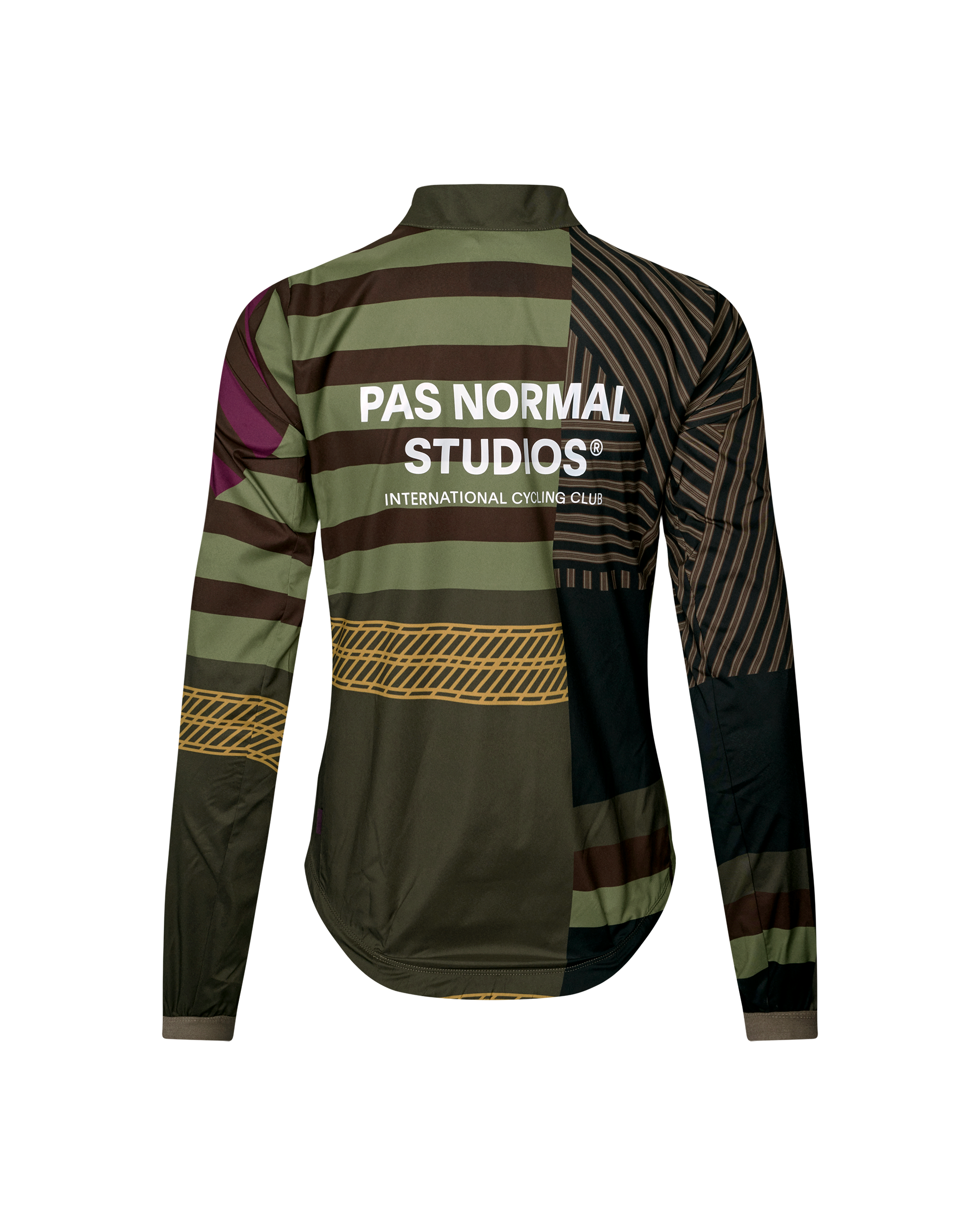 International Green Mechanism Stow Away women's cycling jacket, rear flat lay with multicolor stripe print and white logo