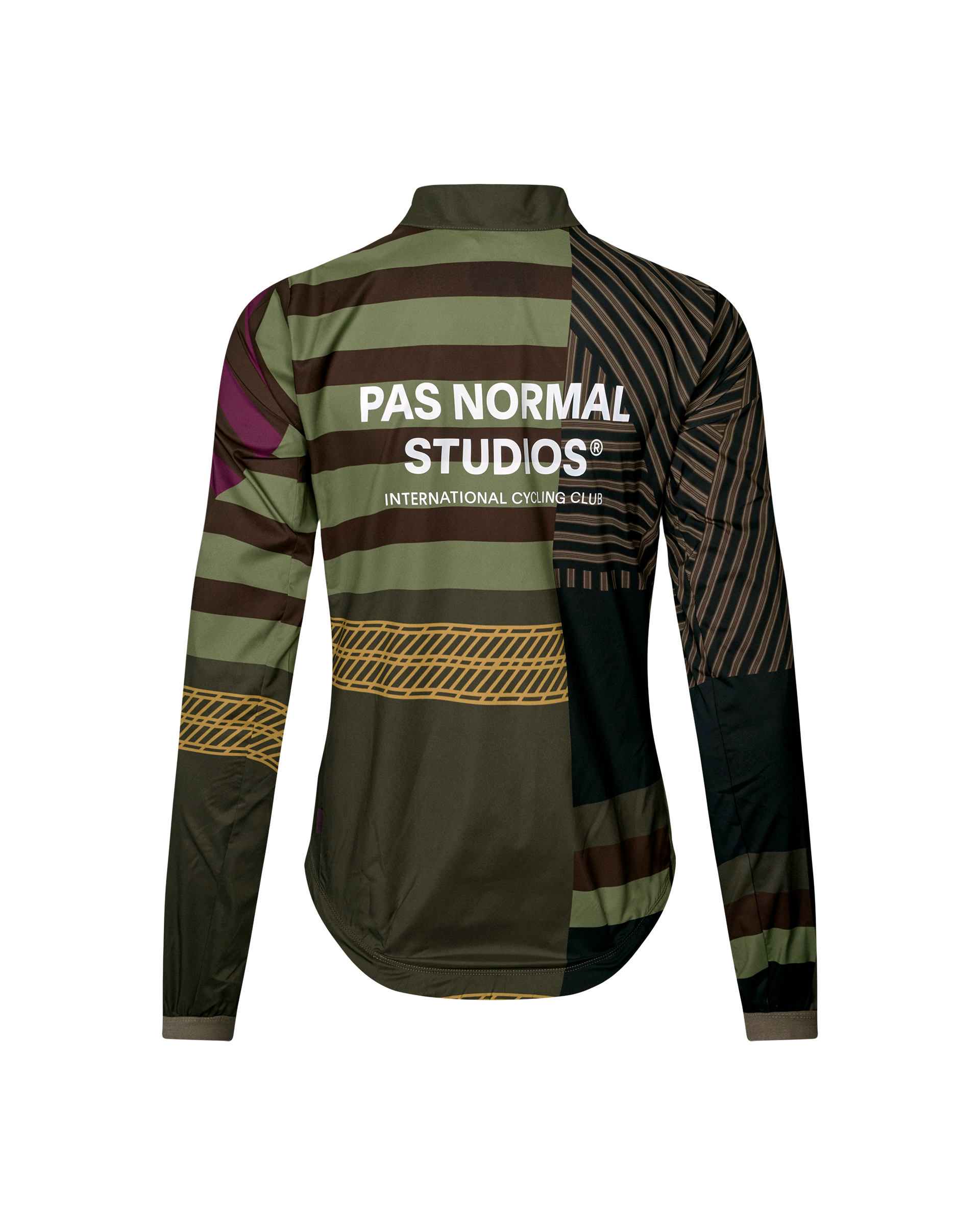 International Green Mechanism Stow Away women's cycling jacket, rear flat lay with multicolor stripe print and white logo