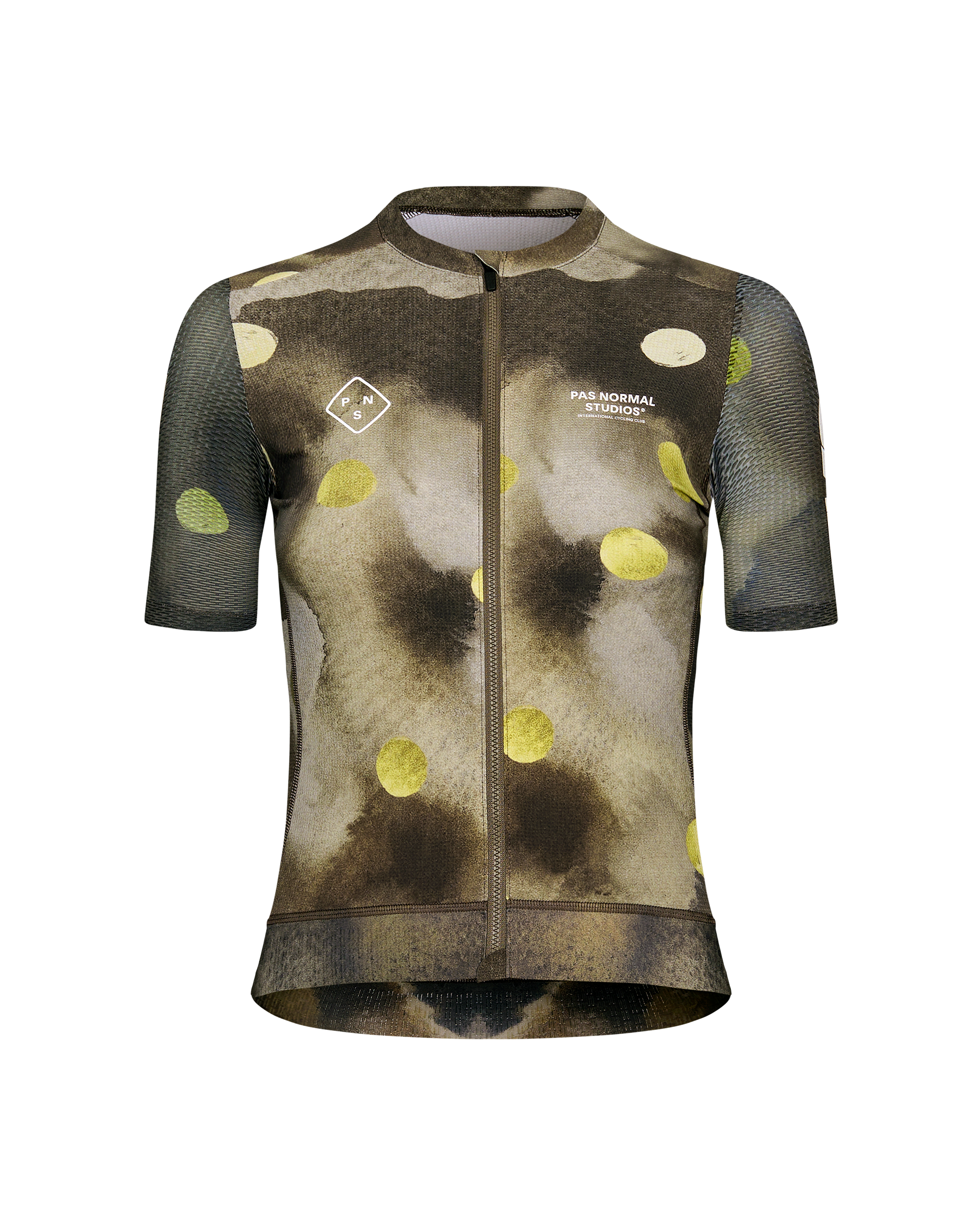 Green T.K.O. Essential Light cycling jersey, front view with yellow dot print and mesh sleeves