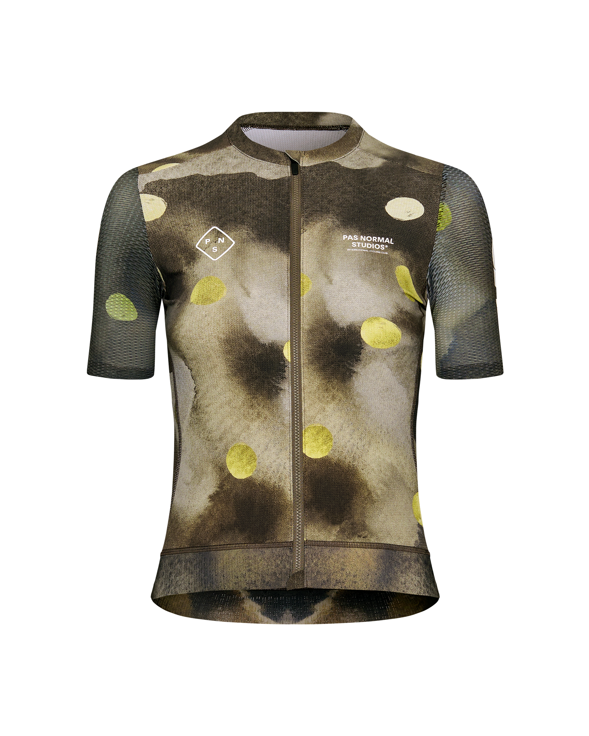 Green T.K.O. Essential Light cycling jersey, front view with yellow dot print and mesh sleeves