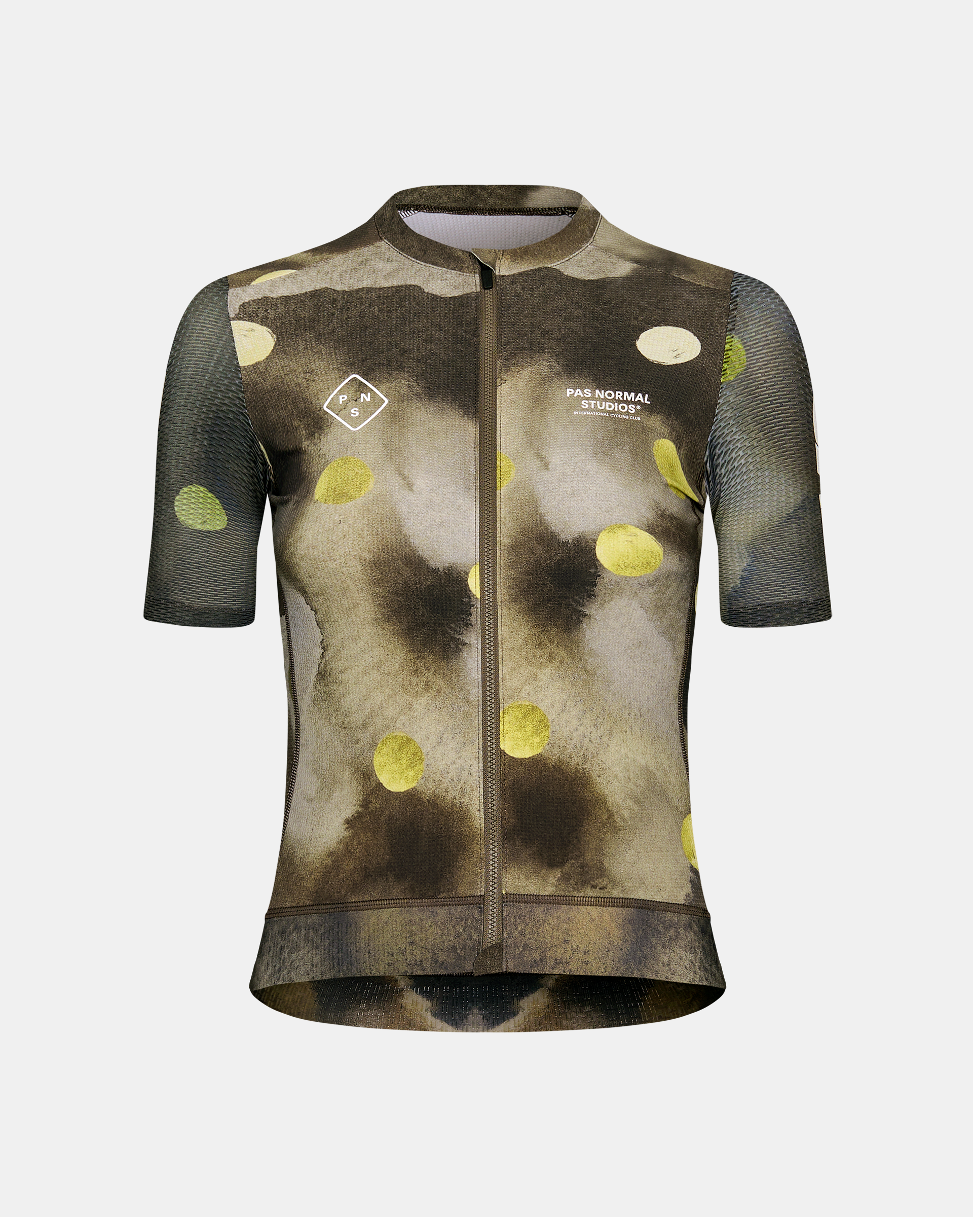 Green T.K.O. Essential Light cycling jersey, front view with yellow dot print and mesh sleeves
