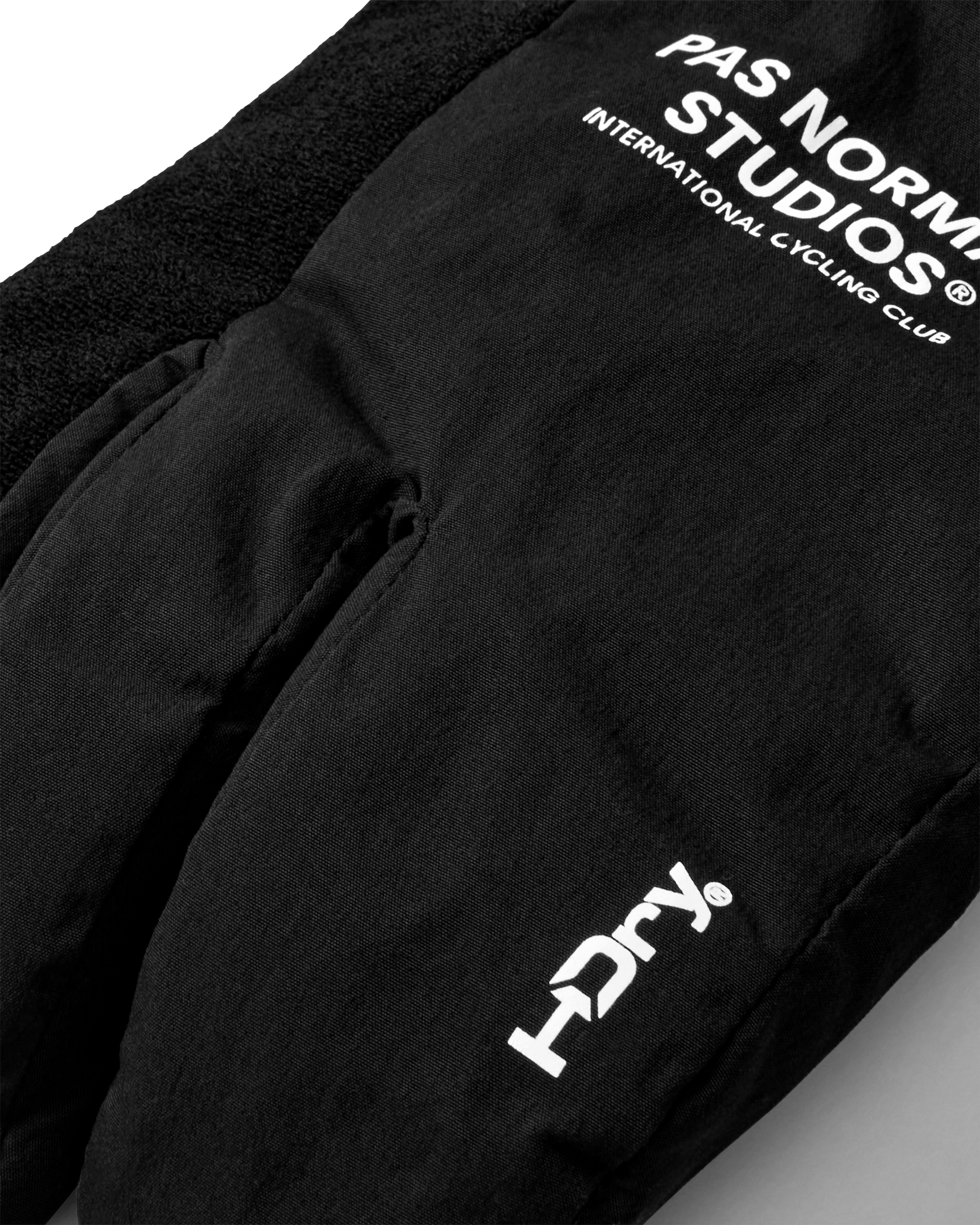 Black Logo Deep Winter Insulated cycling gloves, detail view with white chest print and HDry logo