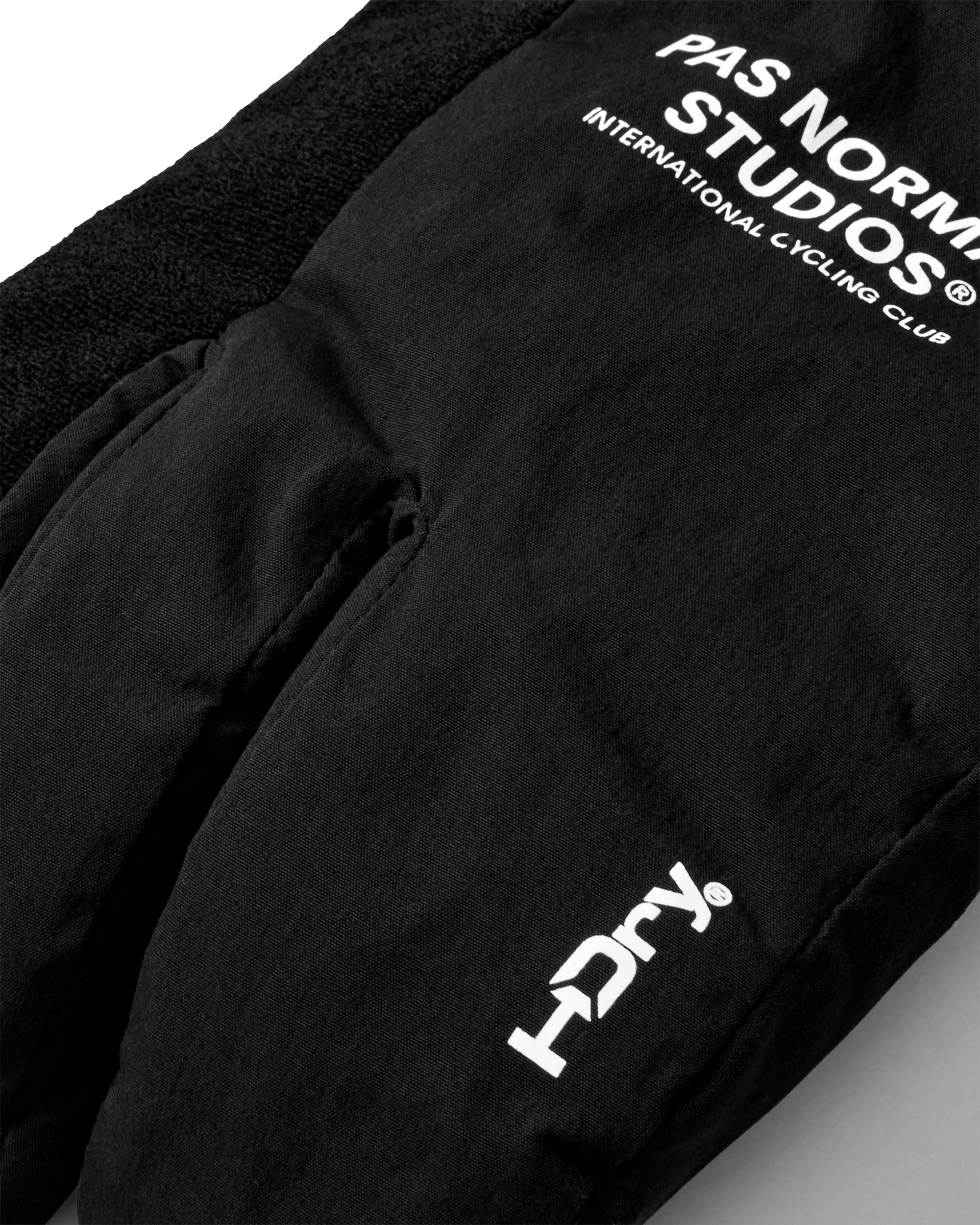 Black Logo Deep Winter Insulated cycling gloves, detail view with white chest print and HDry logo
