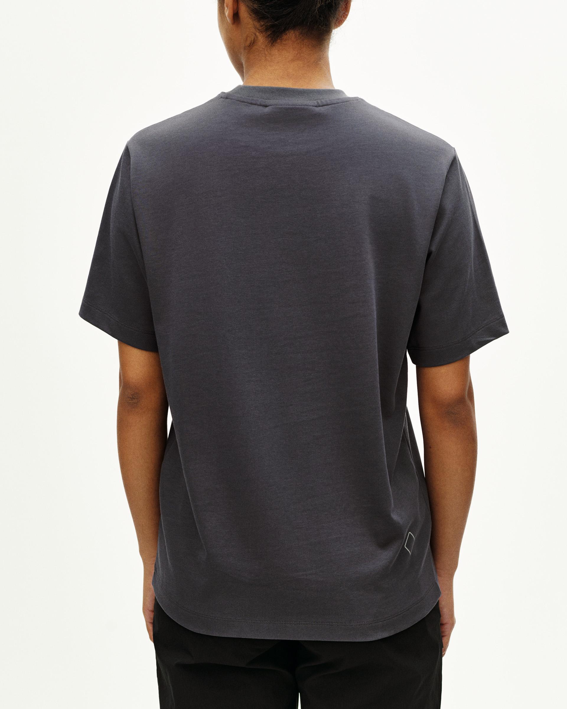 Steel Off-Race t-shirt, rear view on model with small logo detail at hem