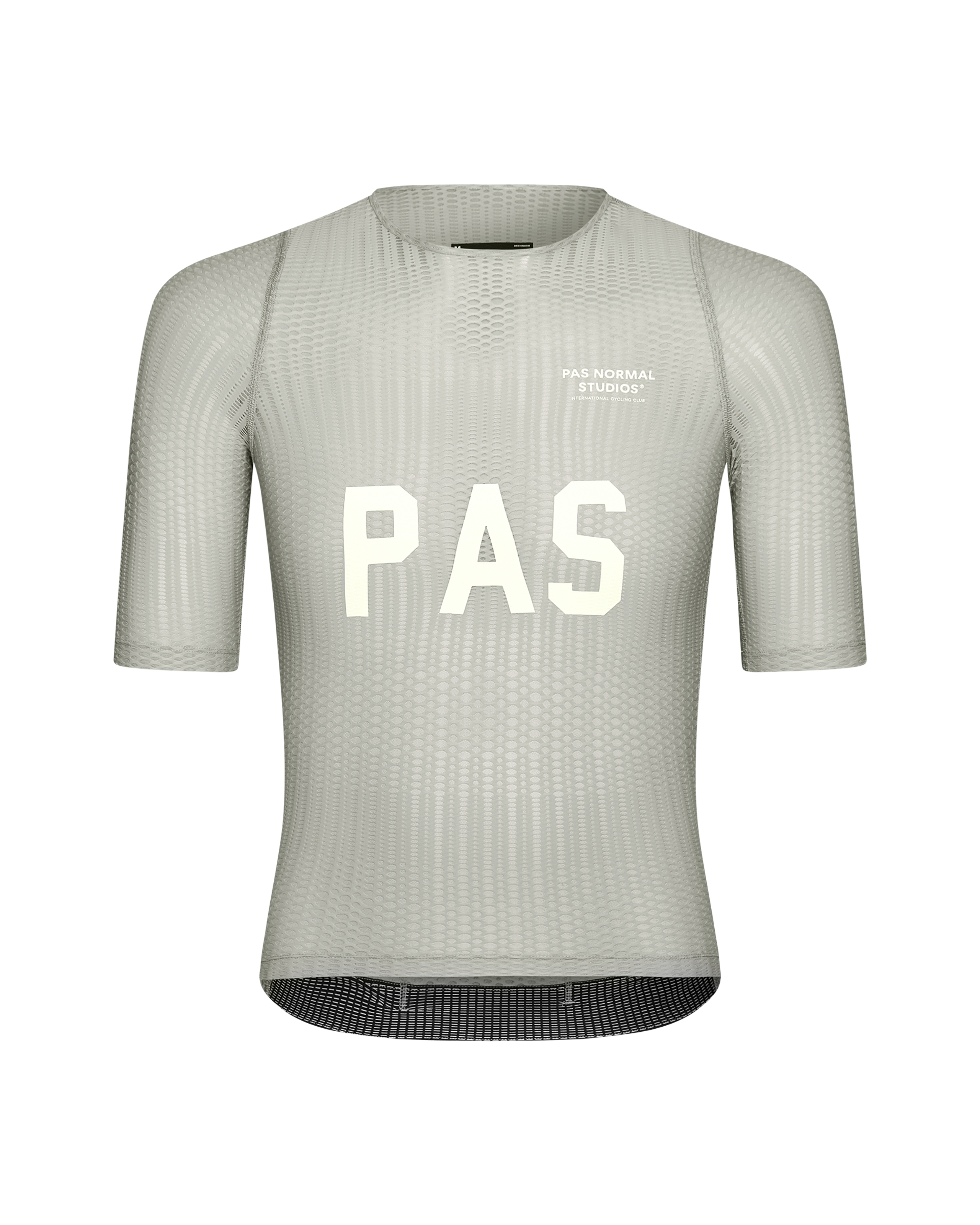 Light Grey PAS Mechanism Pro Zipless cycling jersey, front view with white chest print and mesh texture