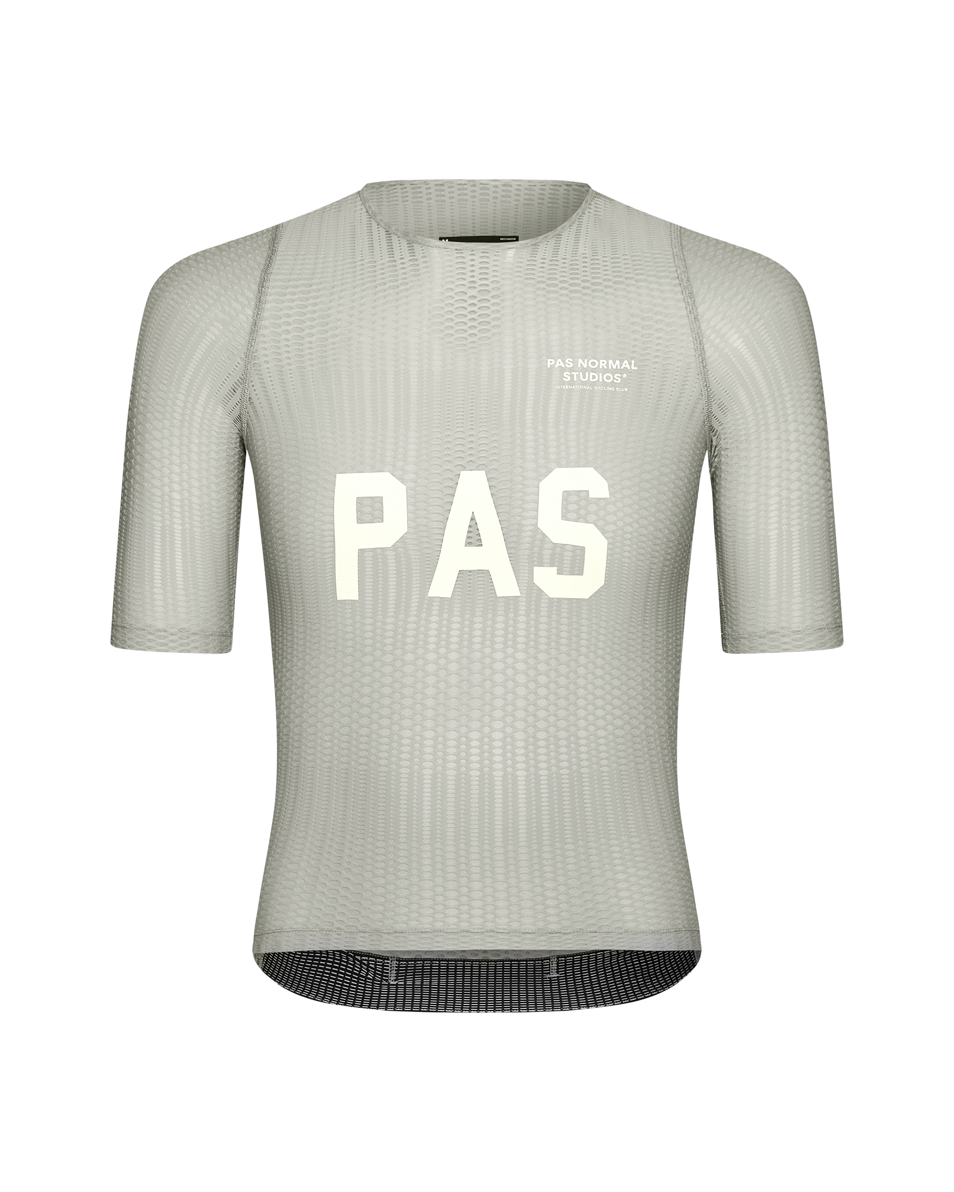 Light Grey PAS Mechanism Pro Zipless cycling jersey, front view with white chest print and mesh texture