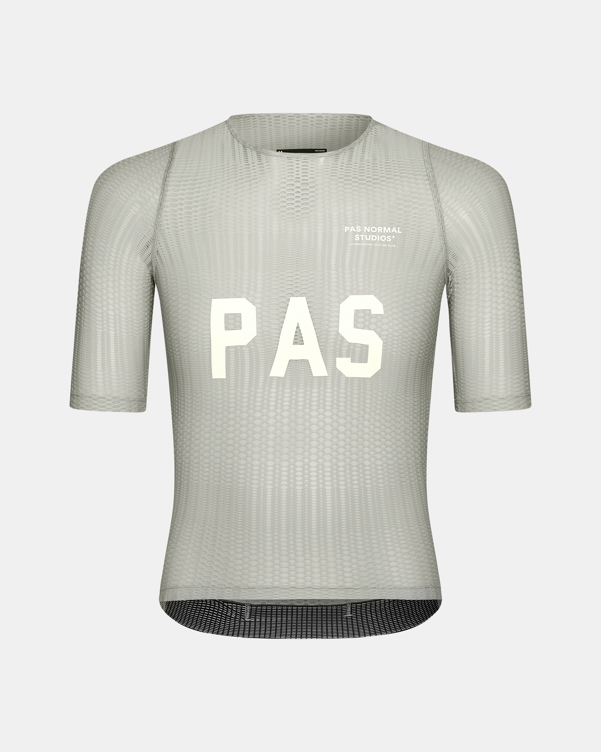 Light Grey PAS Mechanism Pro Zipless cycling jersey, front view with white chest print and mesh texture