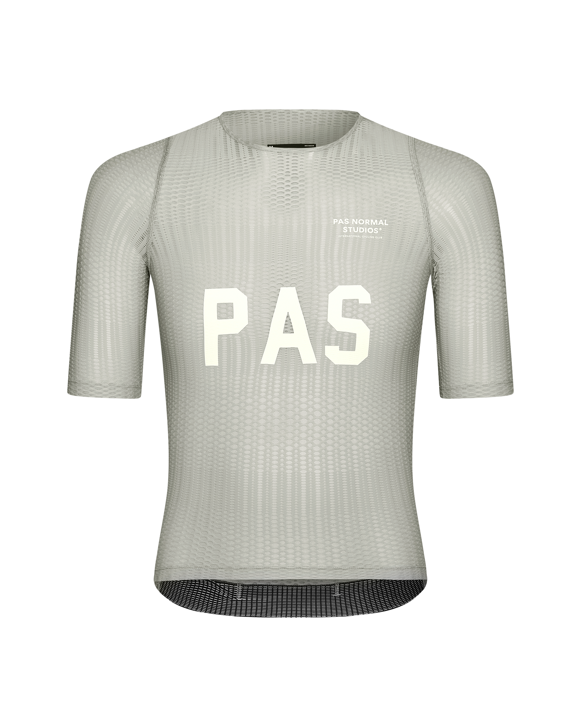Light Grey PAS Mechanism Pro Zipless cycling jersey, front view with white chest print and mesh texture