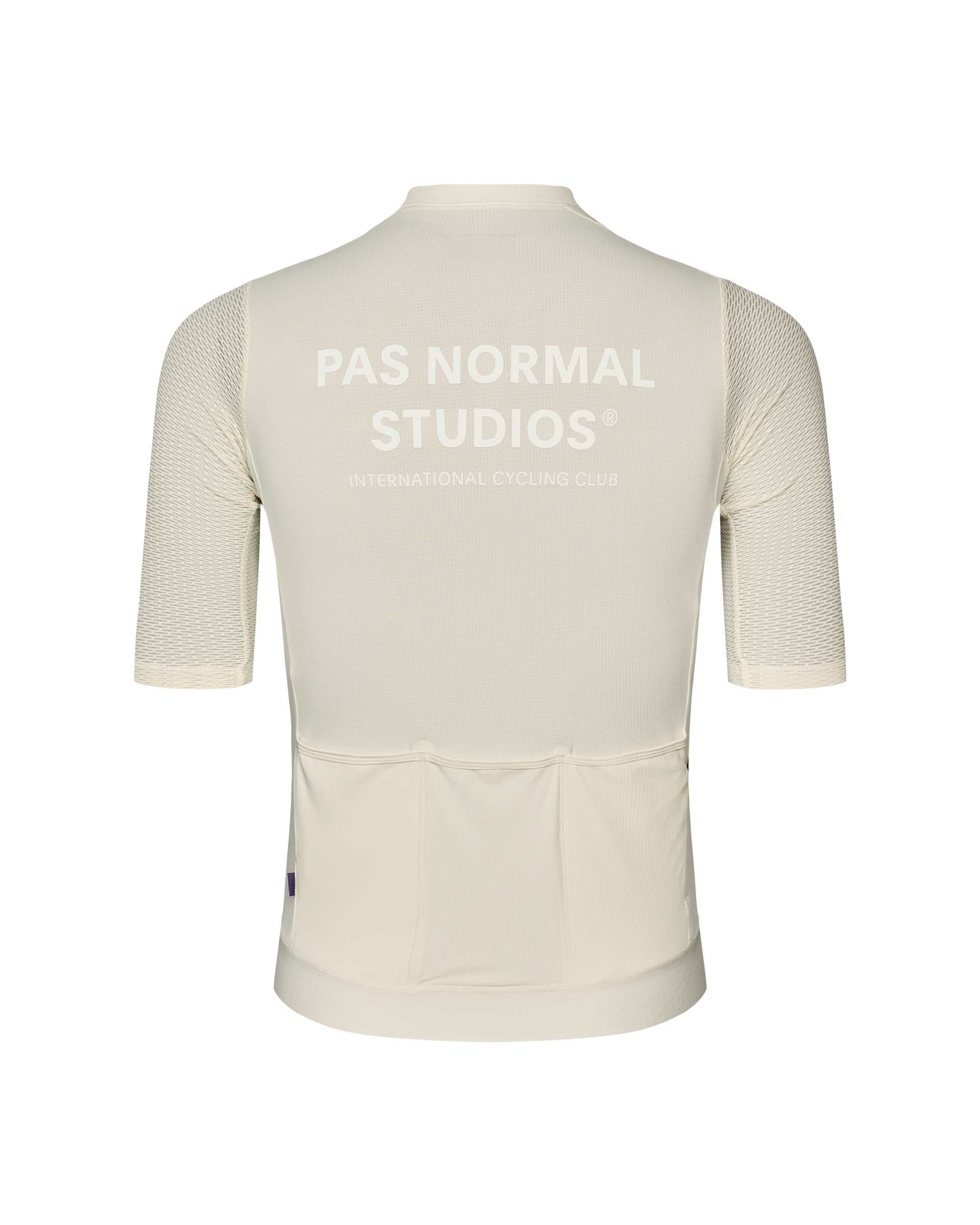 Off White Essential Light cycling jersey, rear flat lay with mesh sleeves and back print
