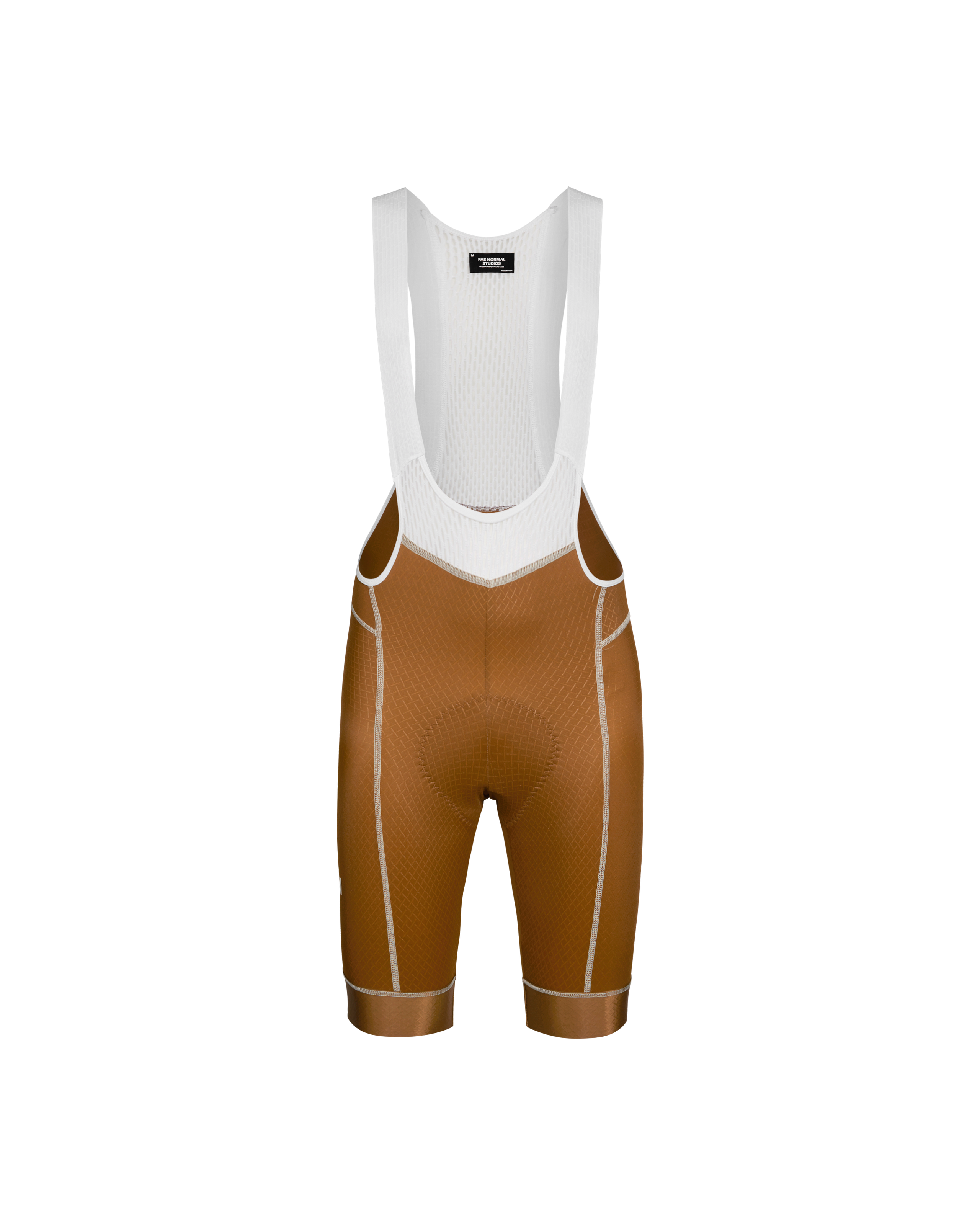 Brown Mechanism cycling bibs, front flat lay with white contrast stitching