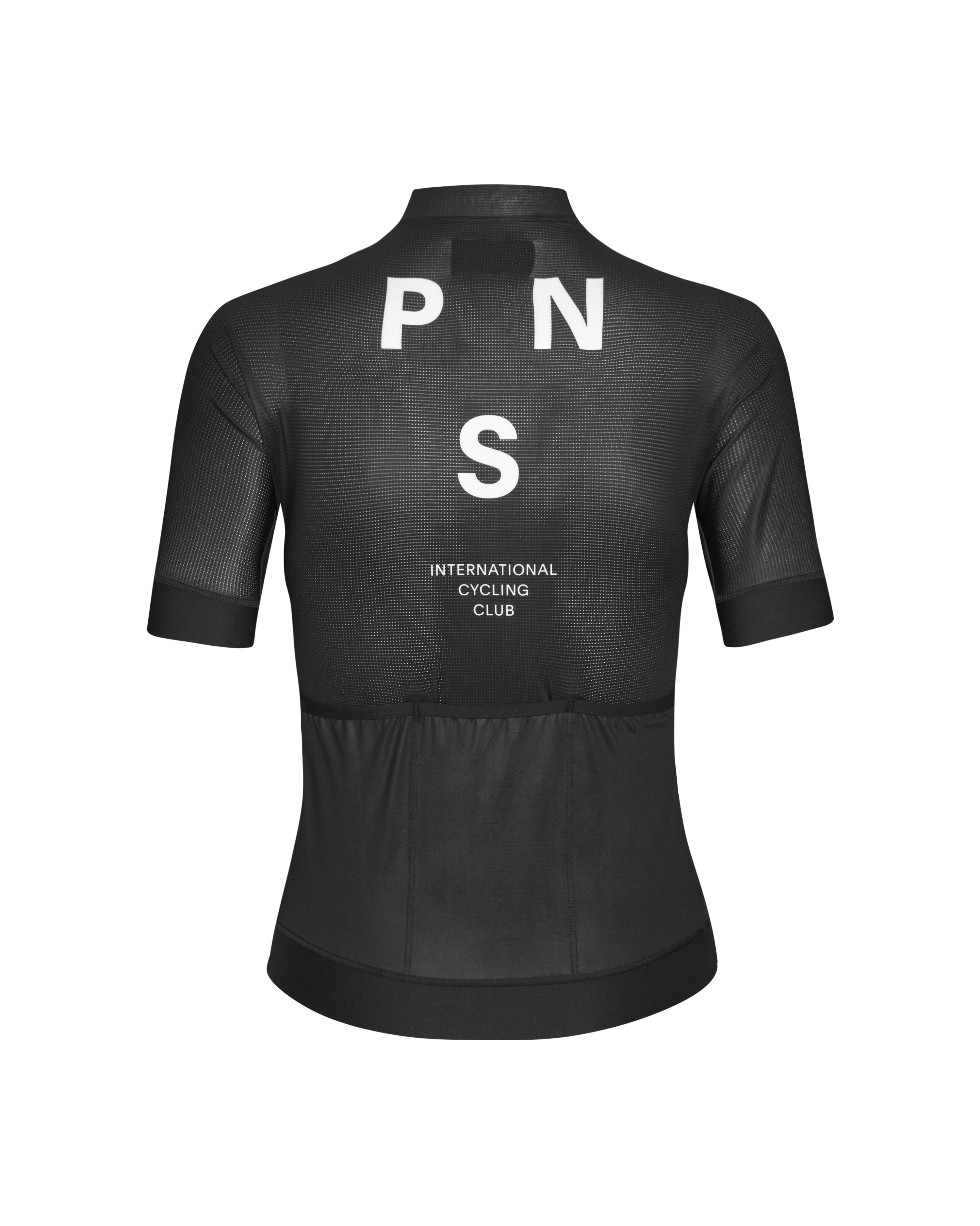 Black Mechanism cycling jersey, rear view with white PNS lettering and mesh panels