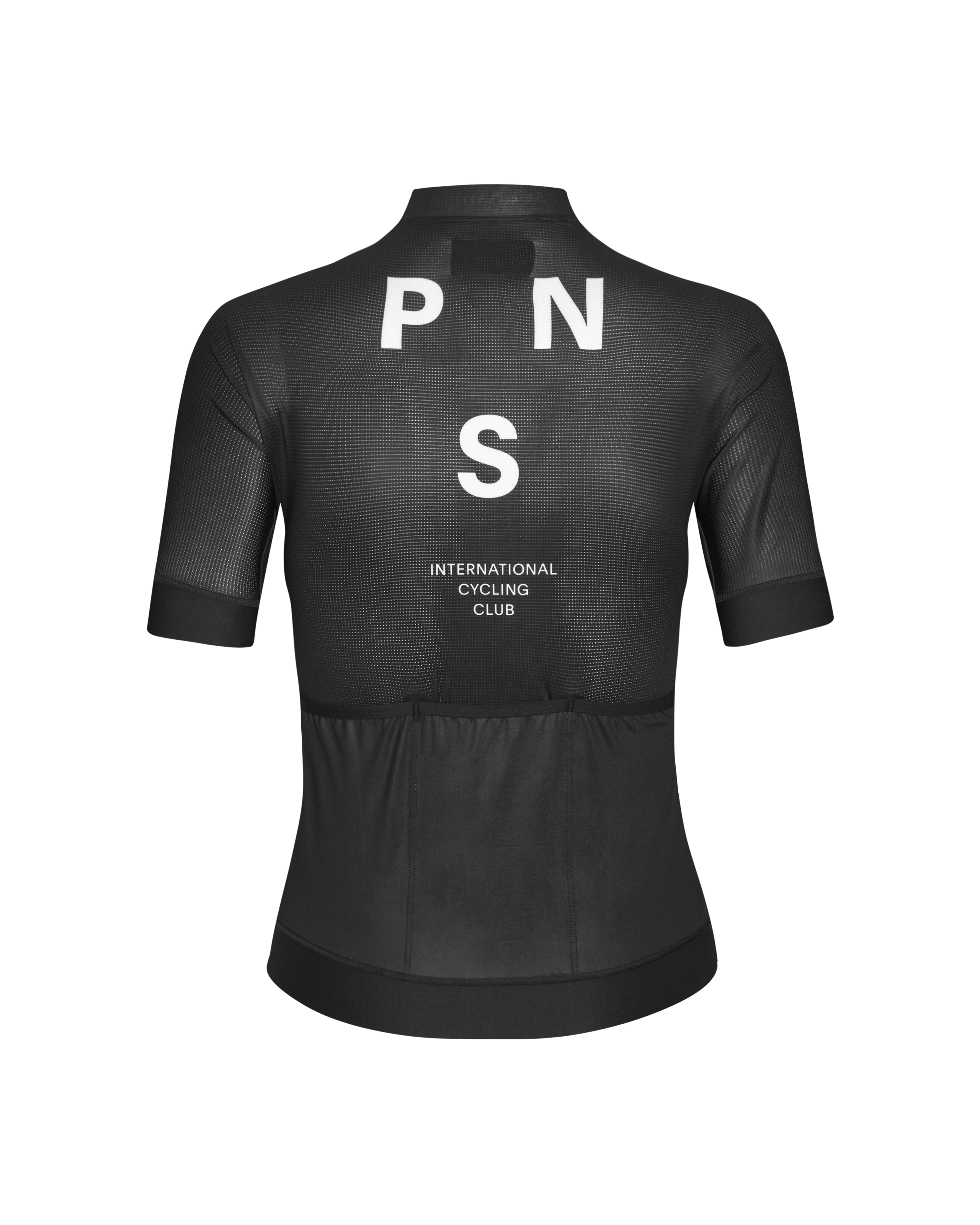 Black Mechanism cycling jersey, rear view with white PNS lettering and mesh panels