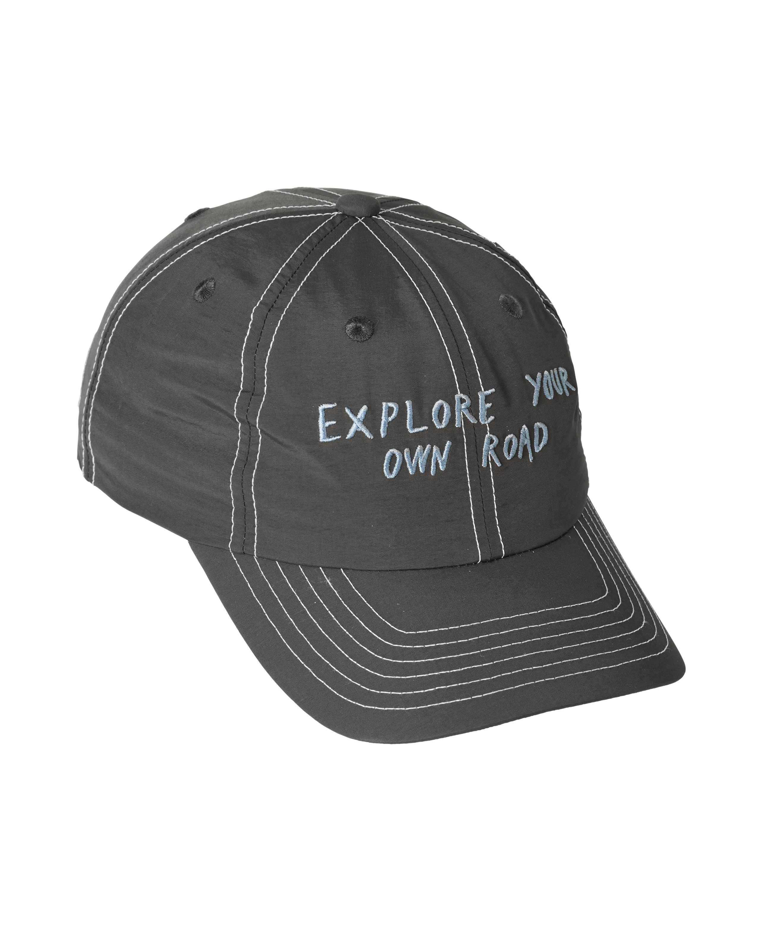 Dark Olive Off-Race cap, side view with white contrast stitching and Explore Your Own Road text