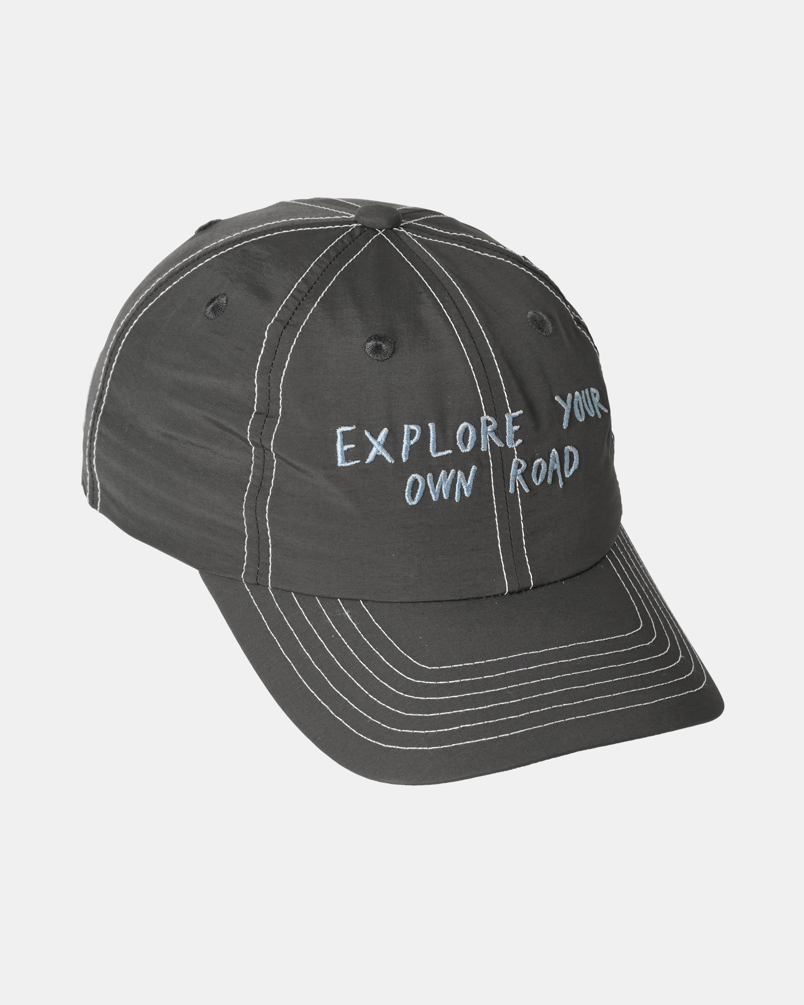 Dark Olive Off-Race cap, side view with white contrast stitching and Explore Your Own Road text