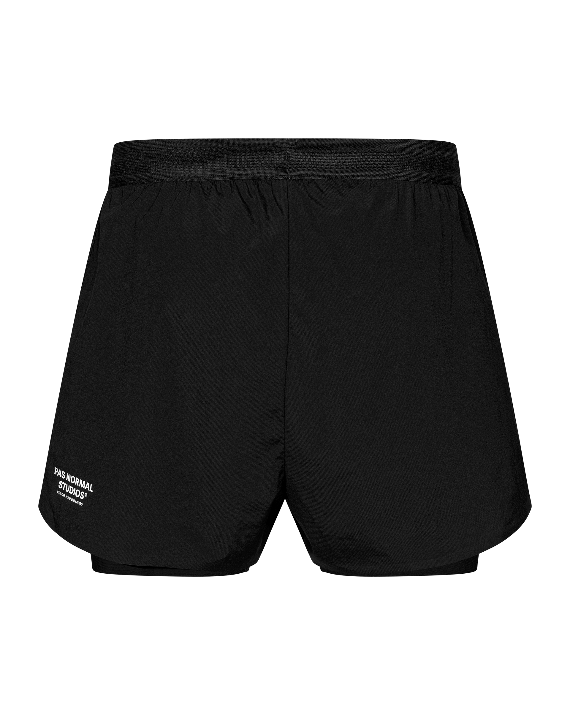 Black Balance 2-in-1 Shorts, front flat lay with elasticated waistband and inner compression layer