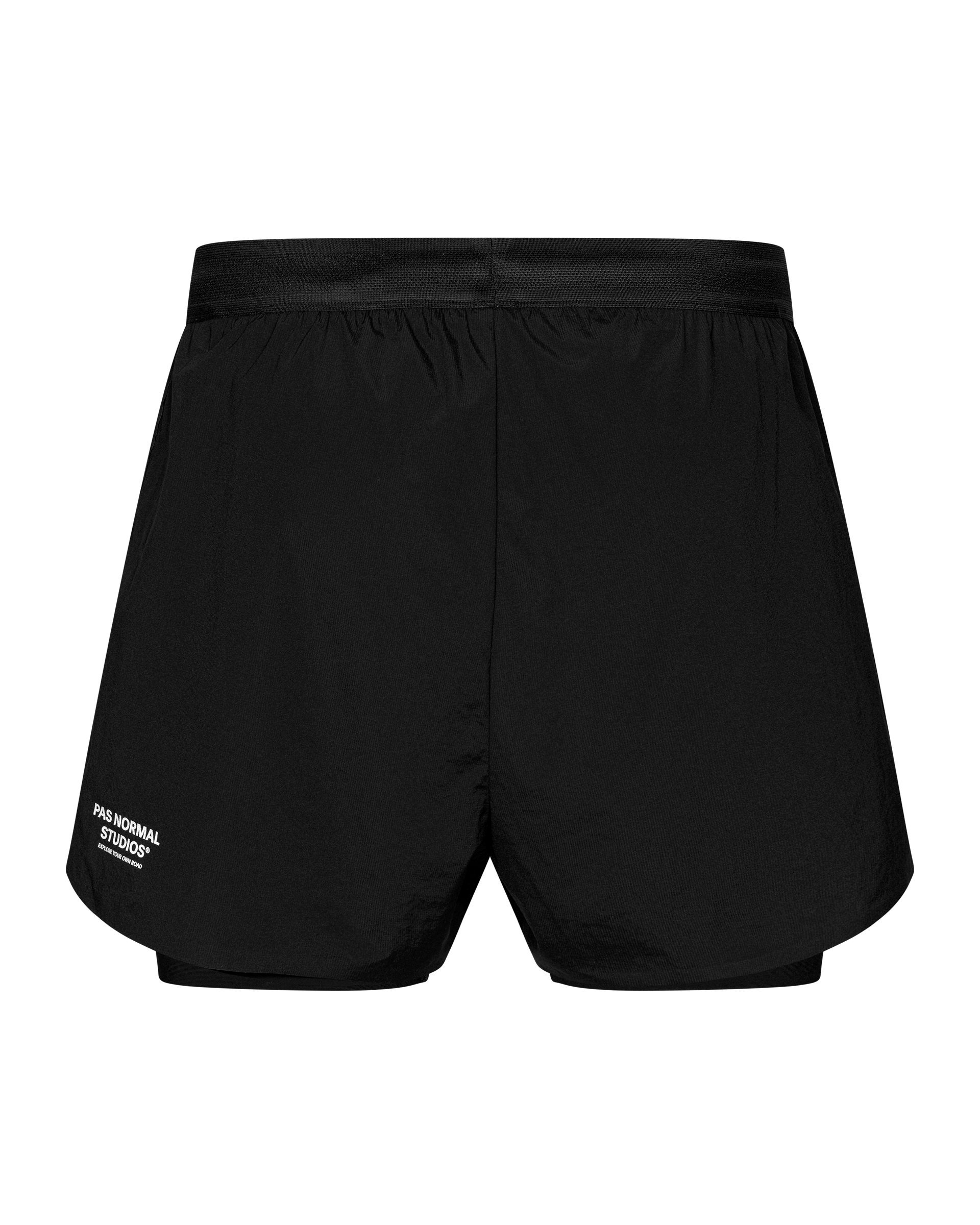 Black Balance 2-in-1 Shorts, front flat lay with elasticated waistband and inner compression layer