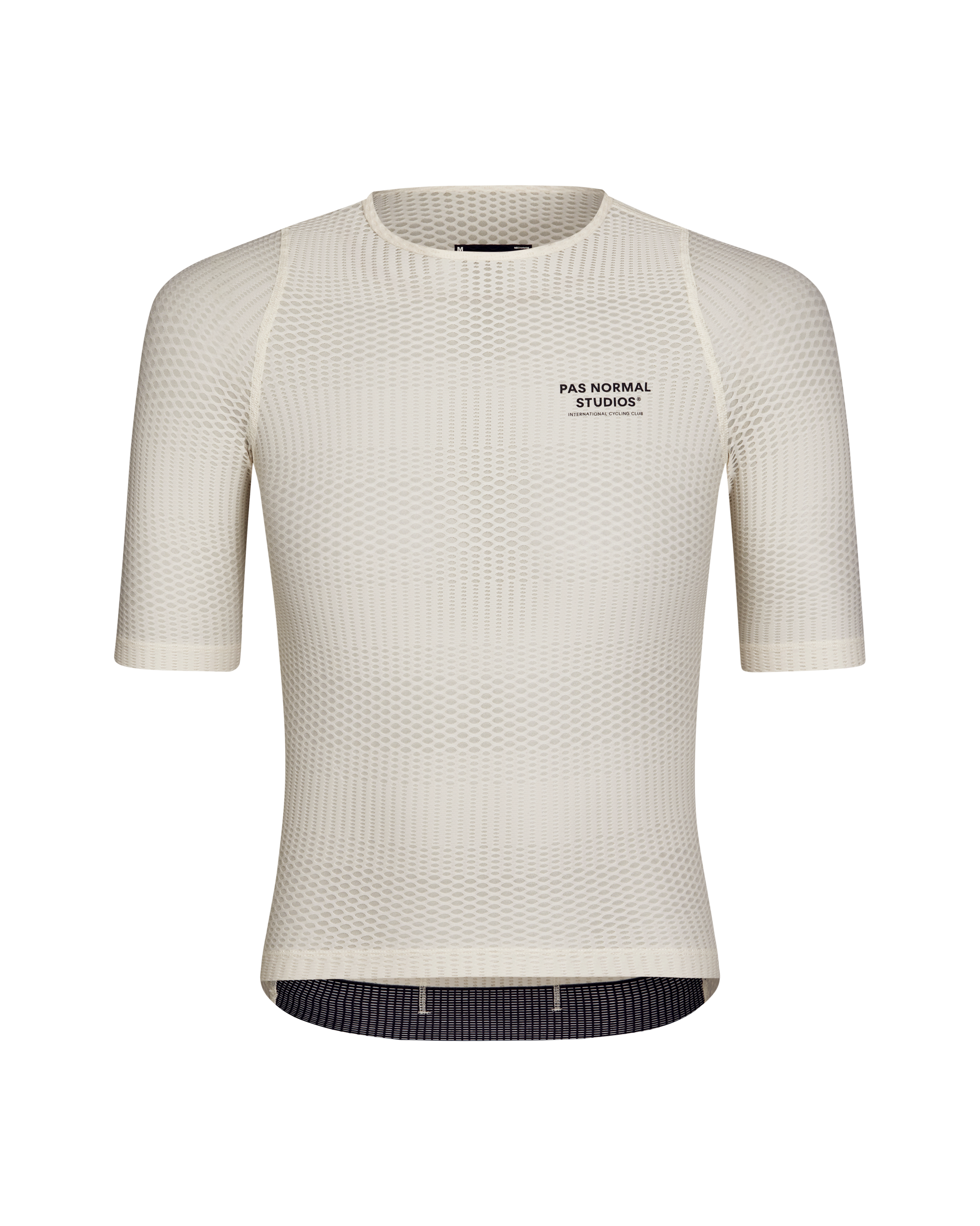 Off White Mechanism Pro Zipless cycling jersey, front view with mesh construction and chest logo