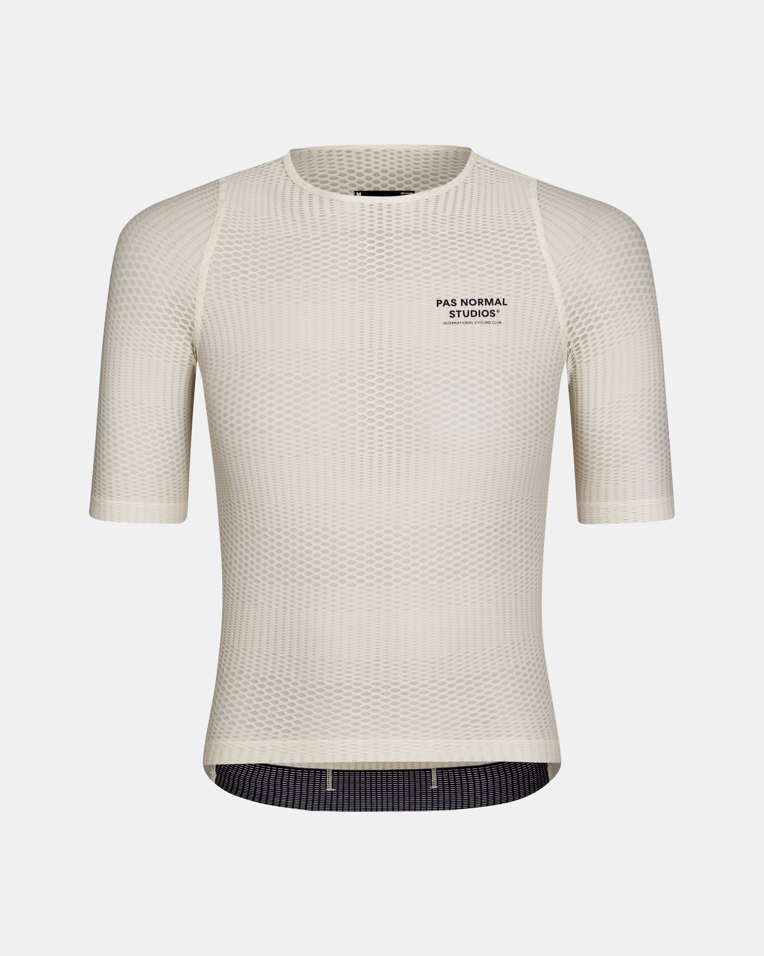 Off White Mechanism Pro Zipless cycling jersey, front view with mesh construction and chest logo