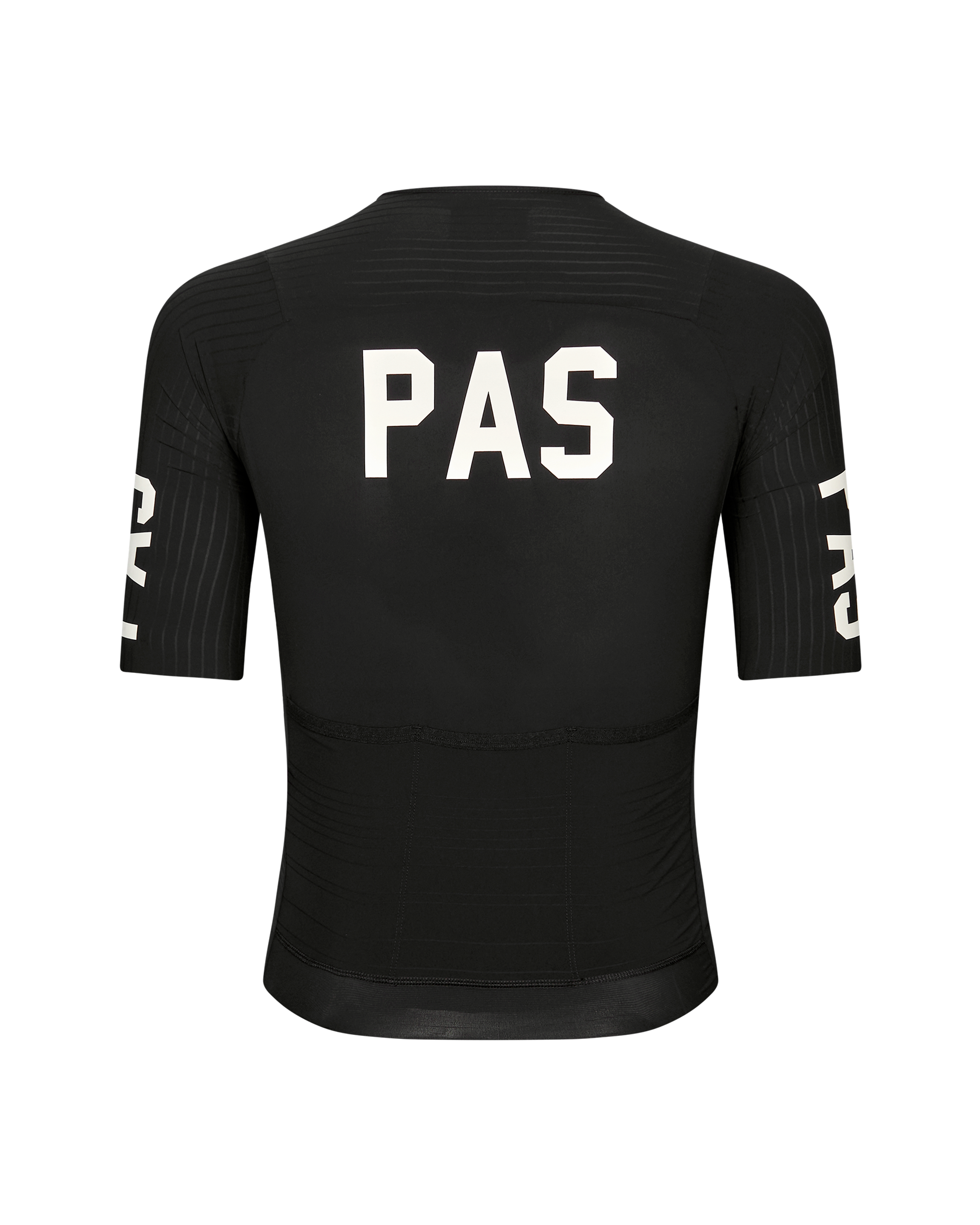 Black PAS Mechanism Pro cycling jersey, rear view with white back print and sleeve graphics