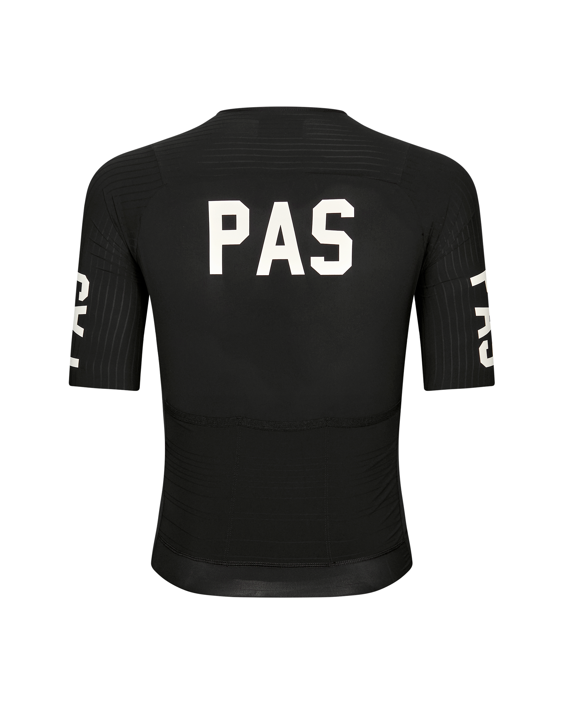Black PAS Mechanism Pro cycling jersey, rear view with white back print and sleeve graphics