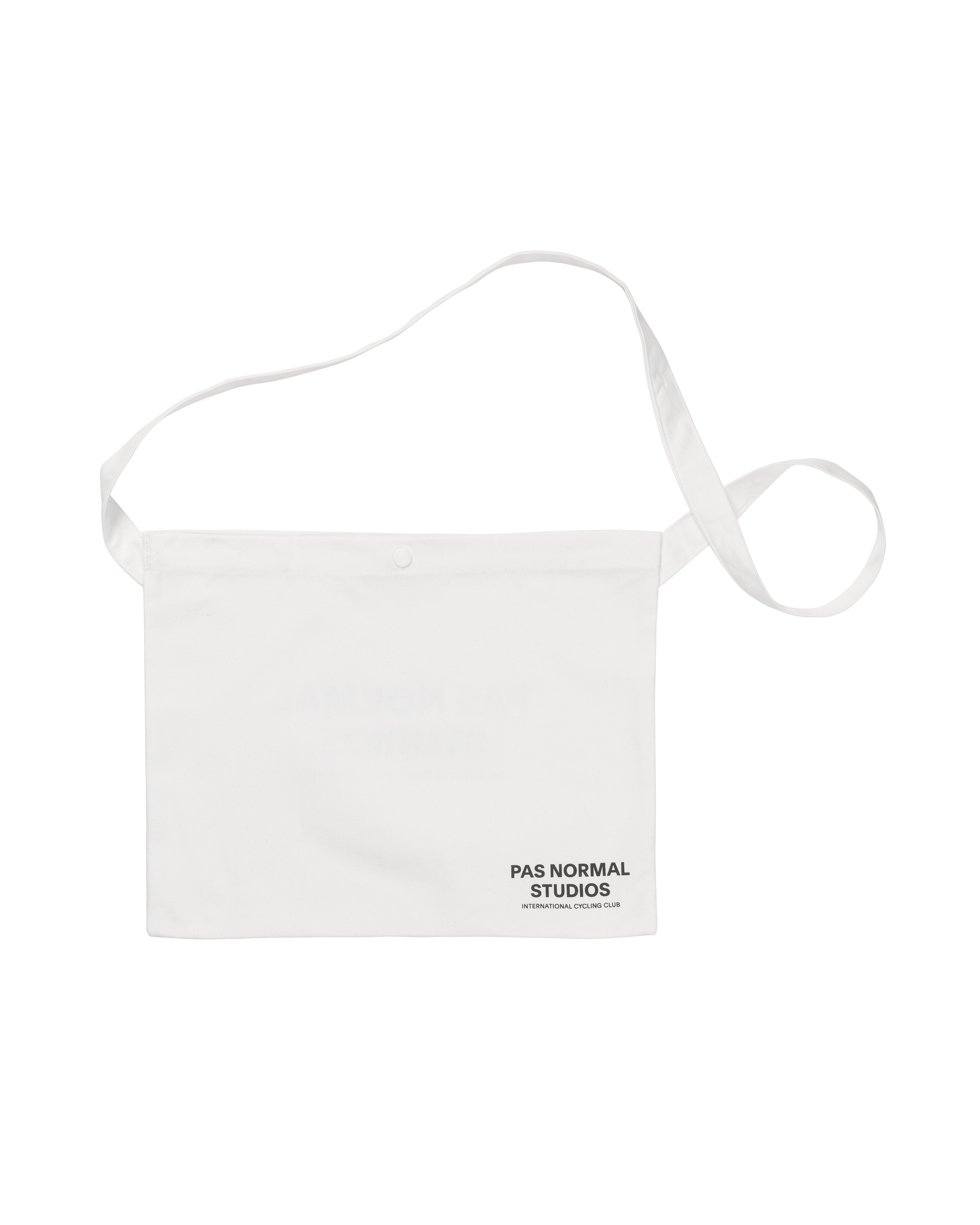 White Off-Race Musette bag, front view with long shoulder strap and brand logo