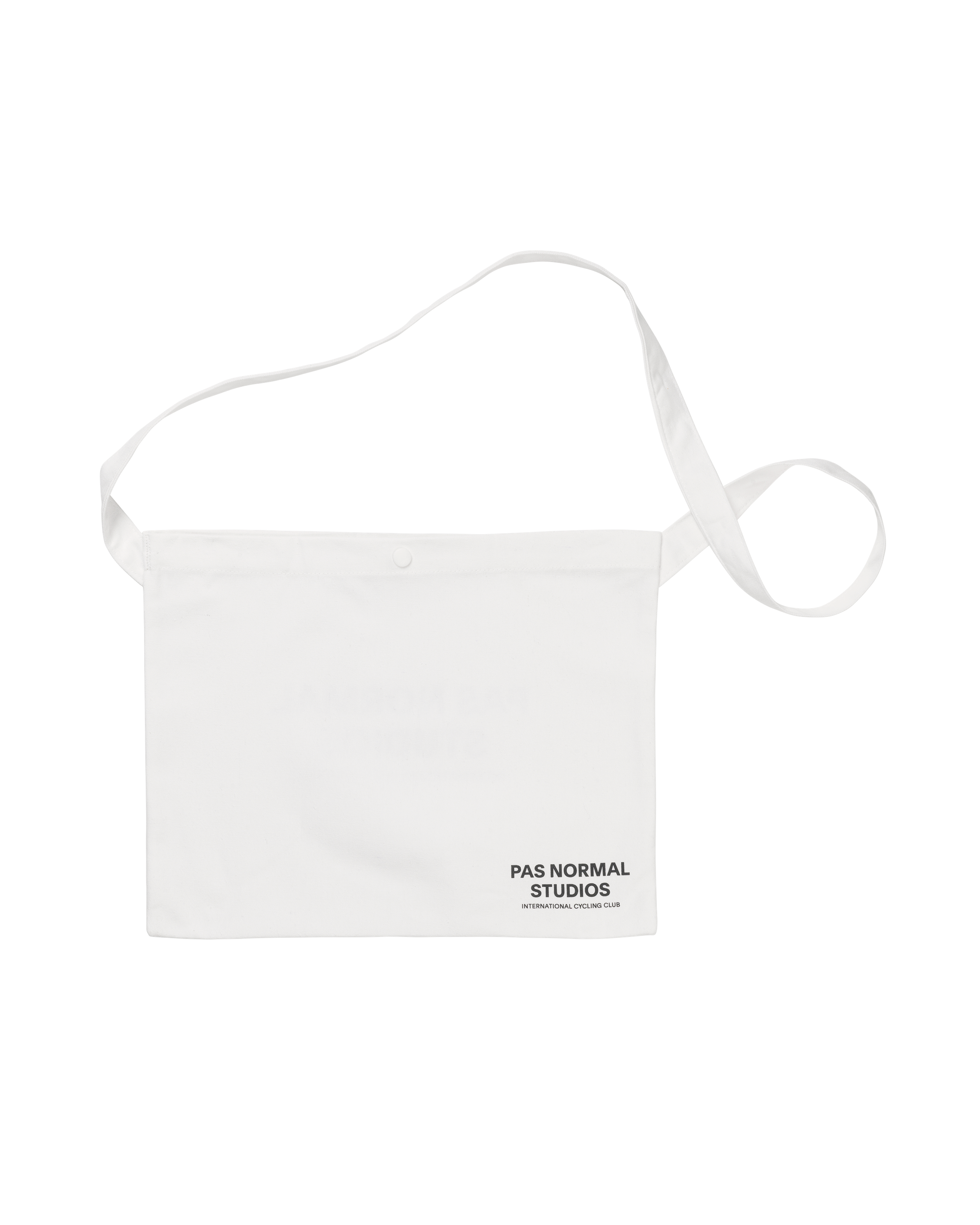 White Off-Race Musette bag, front view with long shoulder strap and brand logo