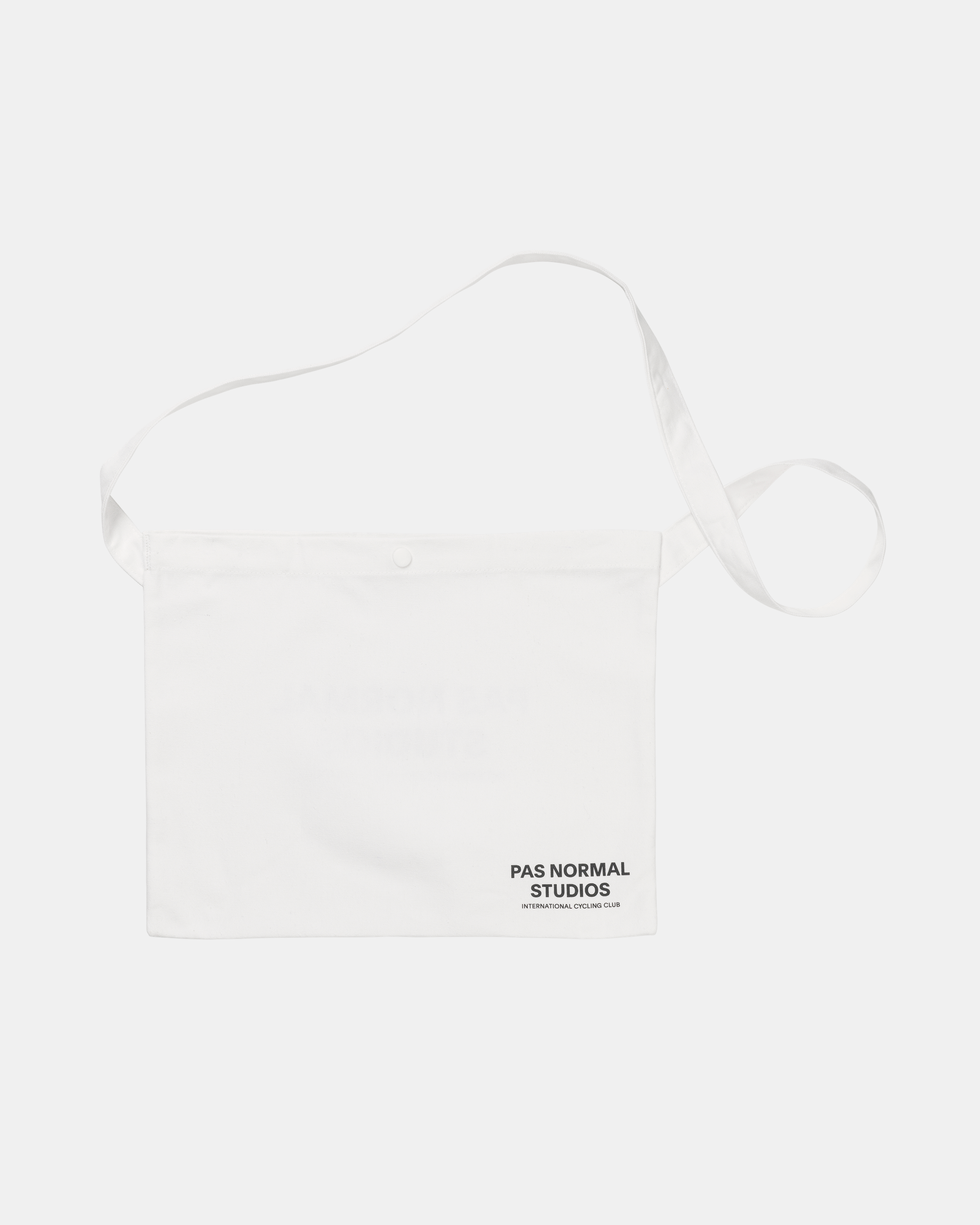 White Off-Race Musette bag, front view with long shoulder strap and brand logo