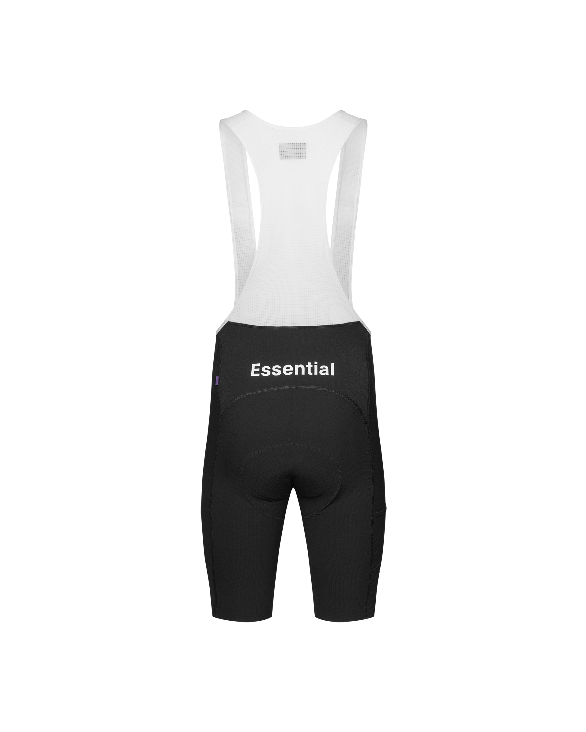 Black Essential cycling bibs, rear flat lay with white mesh suspenders