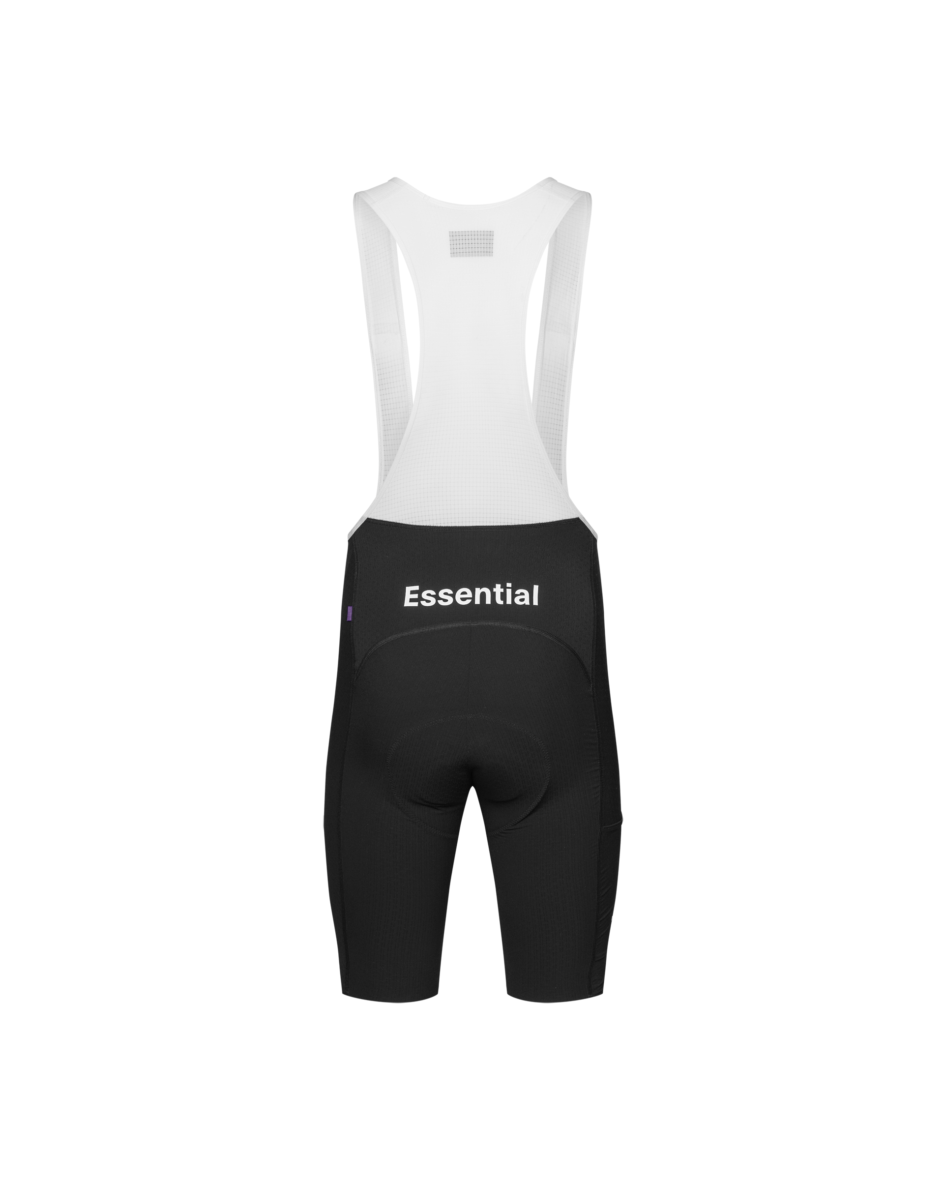 Black Essential cycling bibs, rear flat lay with white mesh suspenders