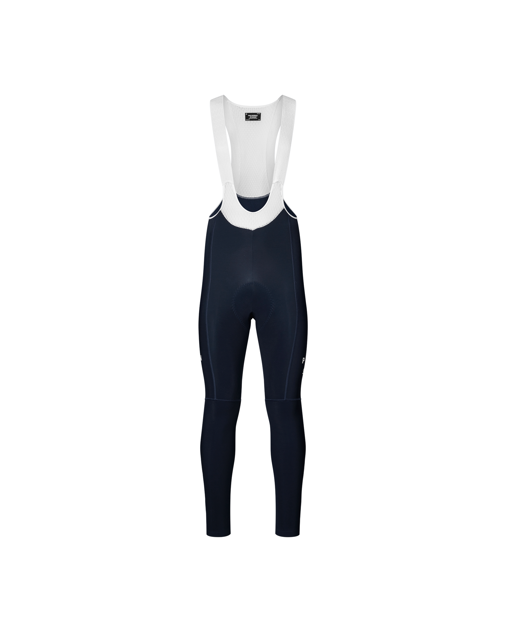 Navy Mechanism cycling bib tights, front flat lay with white mesh bib straps