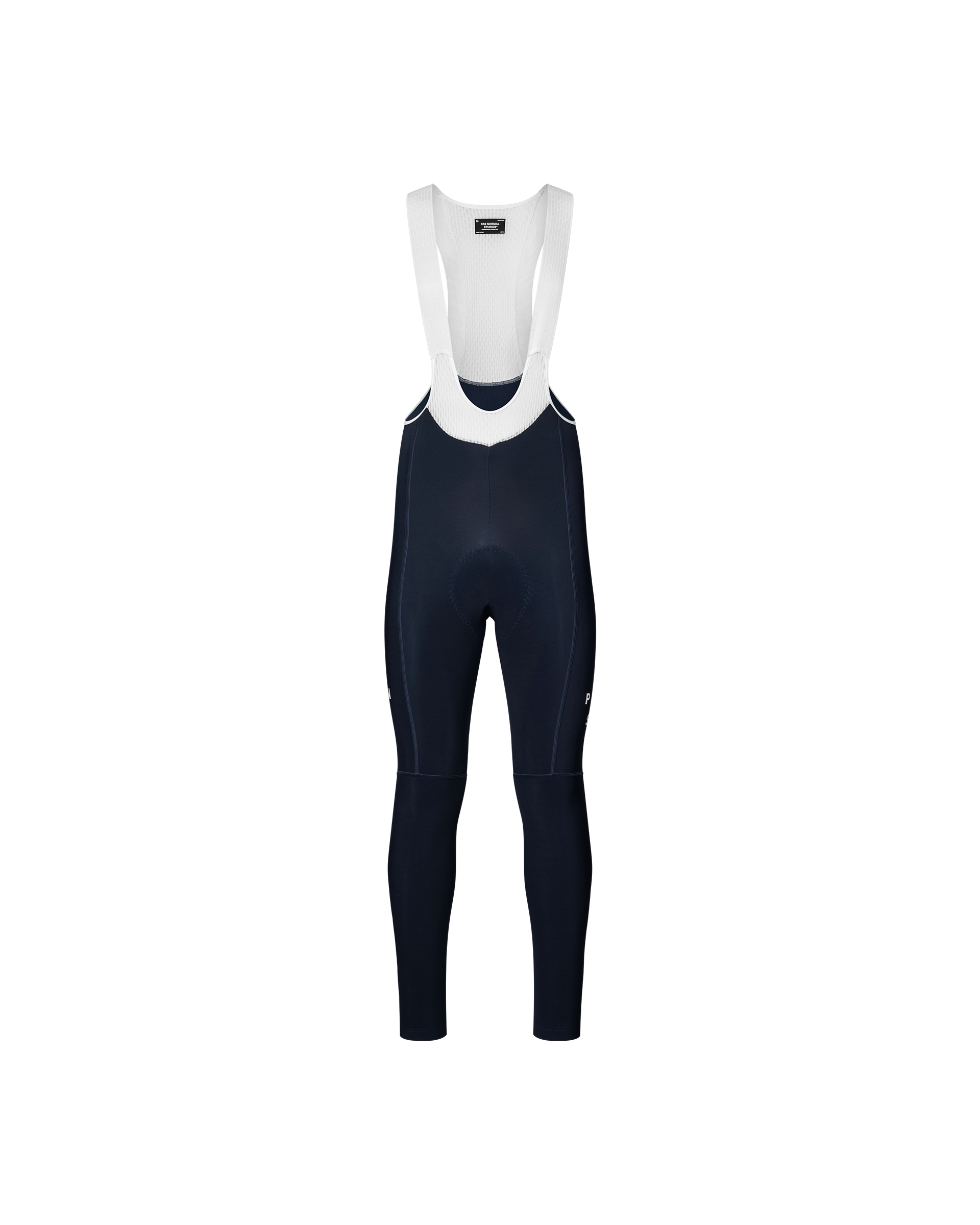 Navy Mechanism cycling bib tights, front flat lay with white mesh bib straps