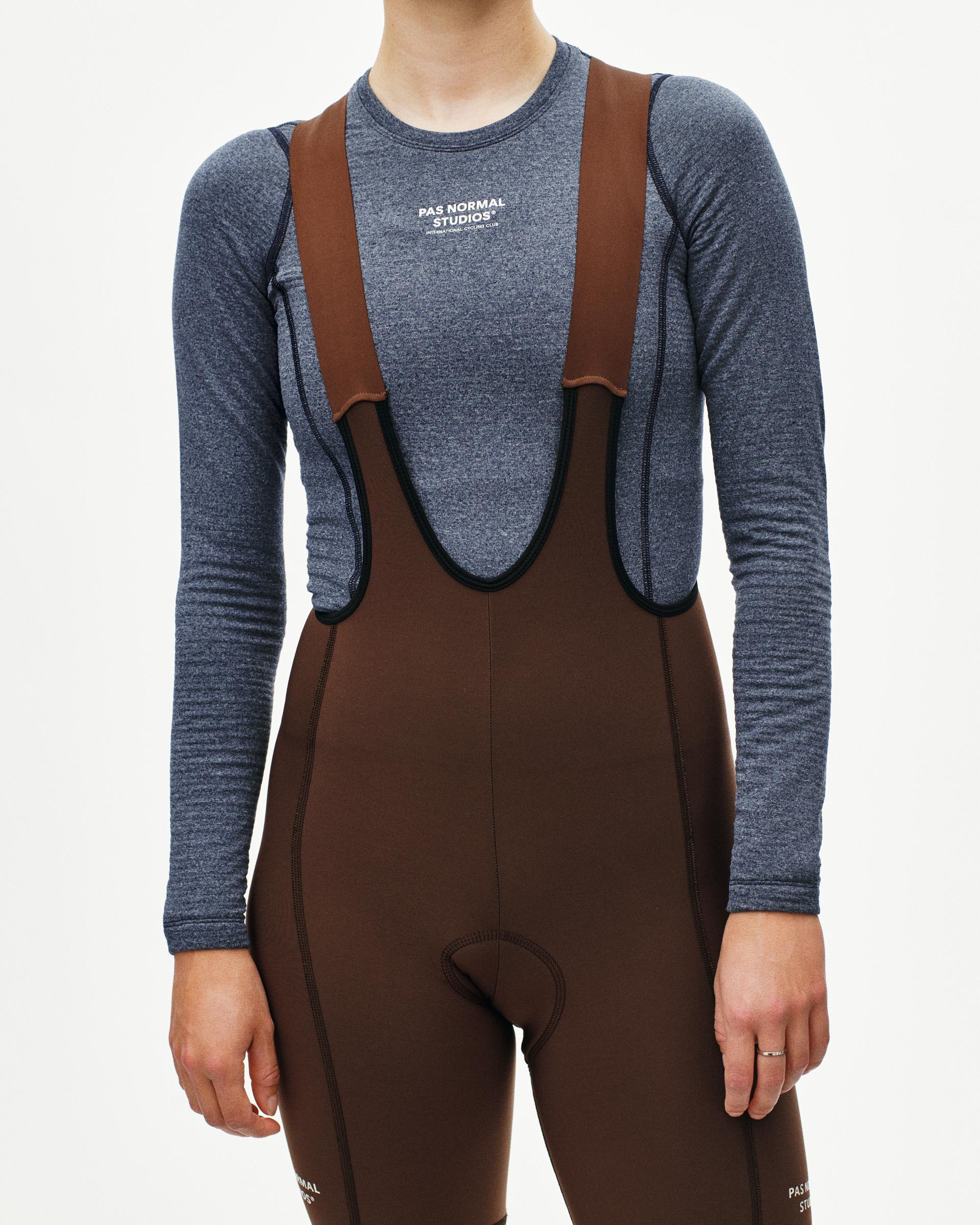 Light Brown Essential Thermal Long bibs on model, front view with brown straps and grey base layer