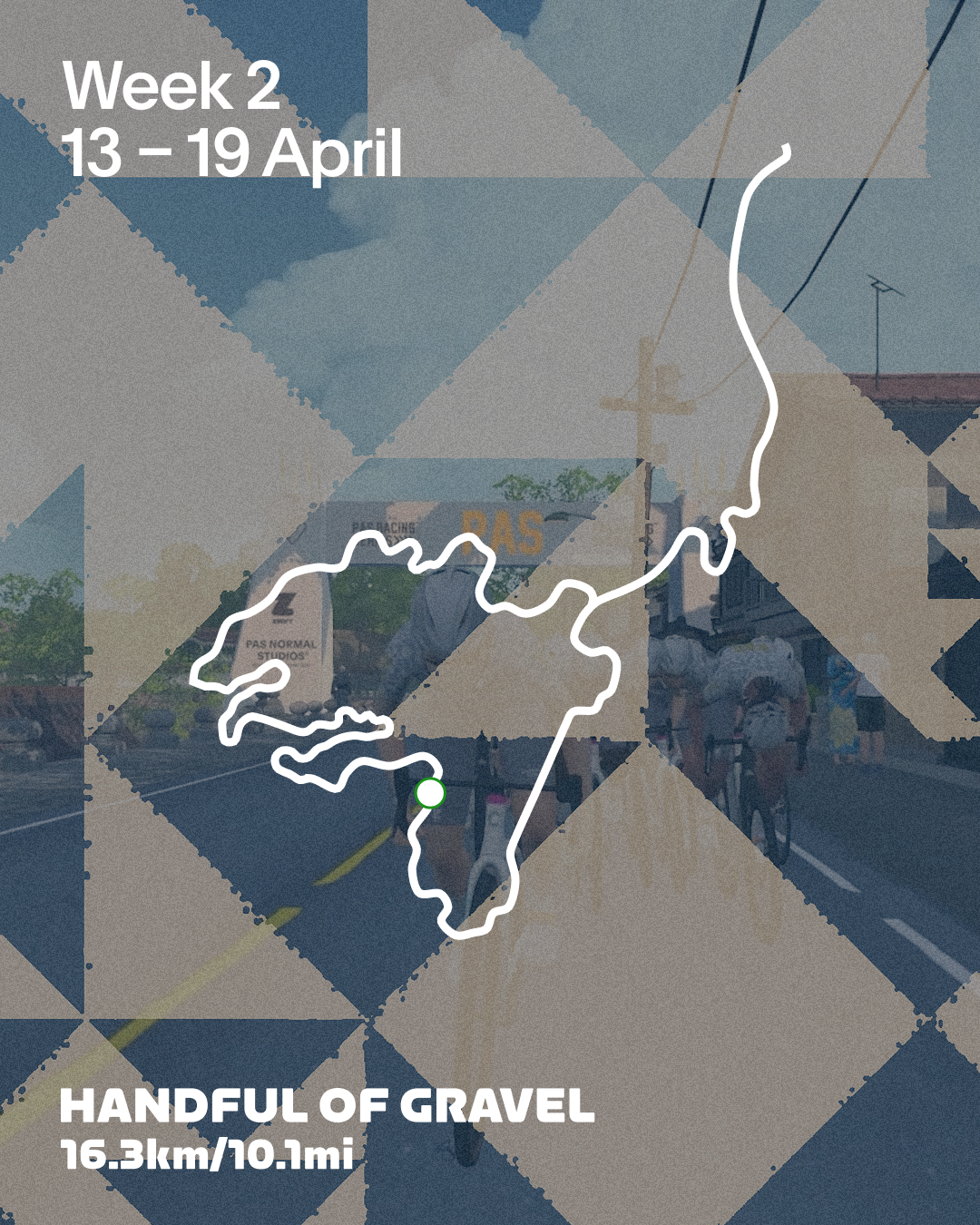 Zwift gravel racing series promotional graphic with geometric pattern and route map for Week 2 April 13-19